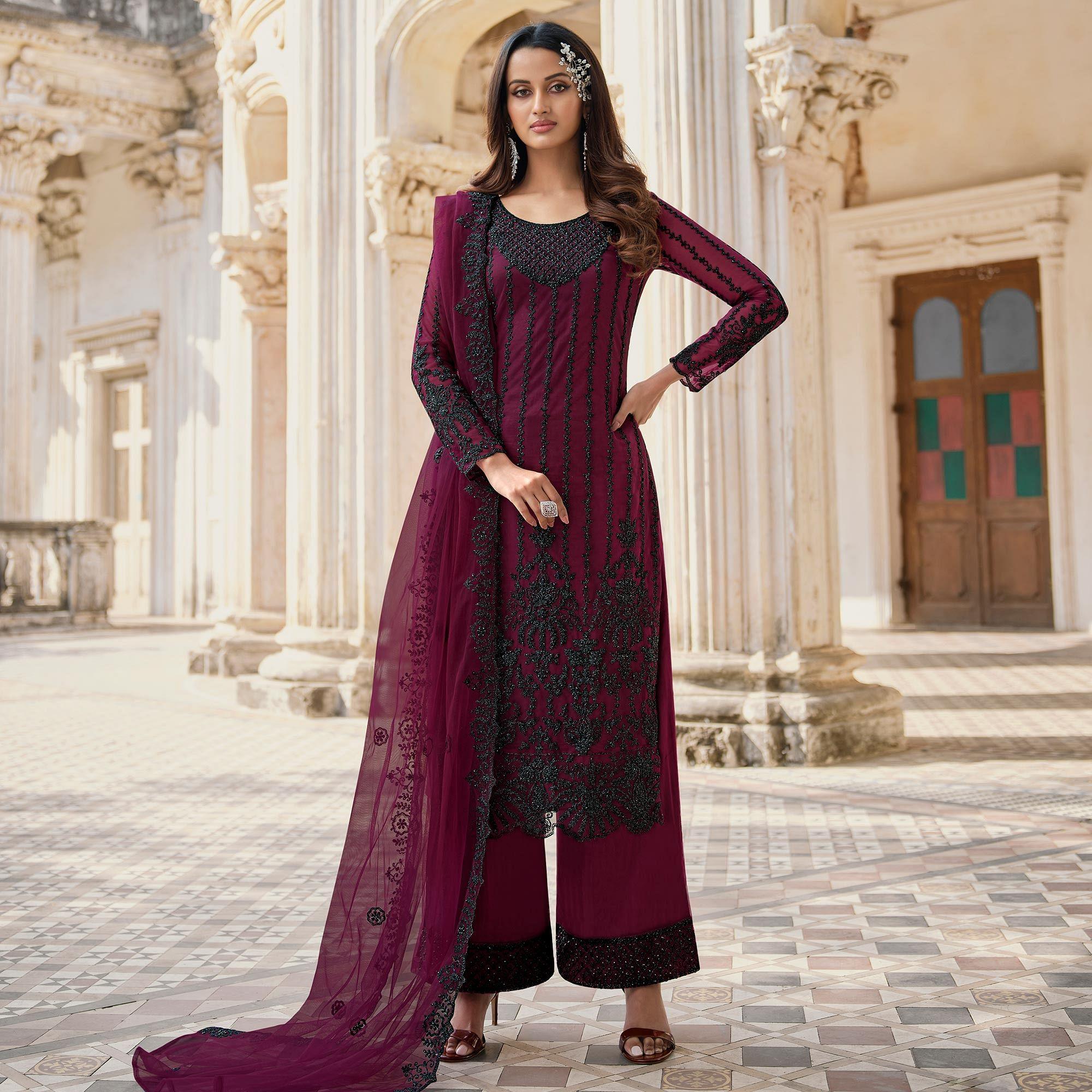 Purple Embroidery With Embellished Net Partywear Suit - Peachmode