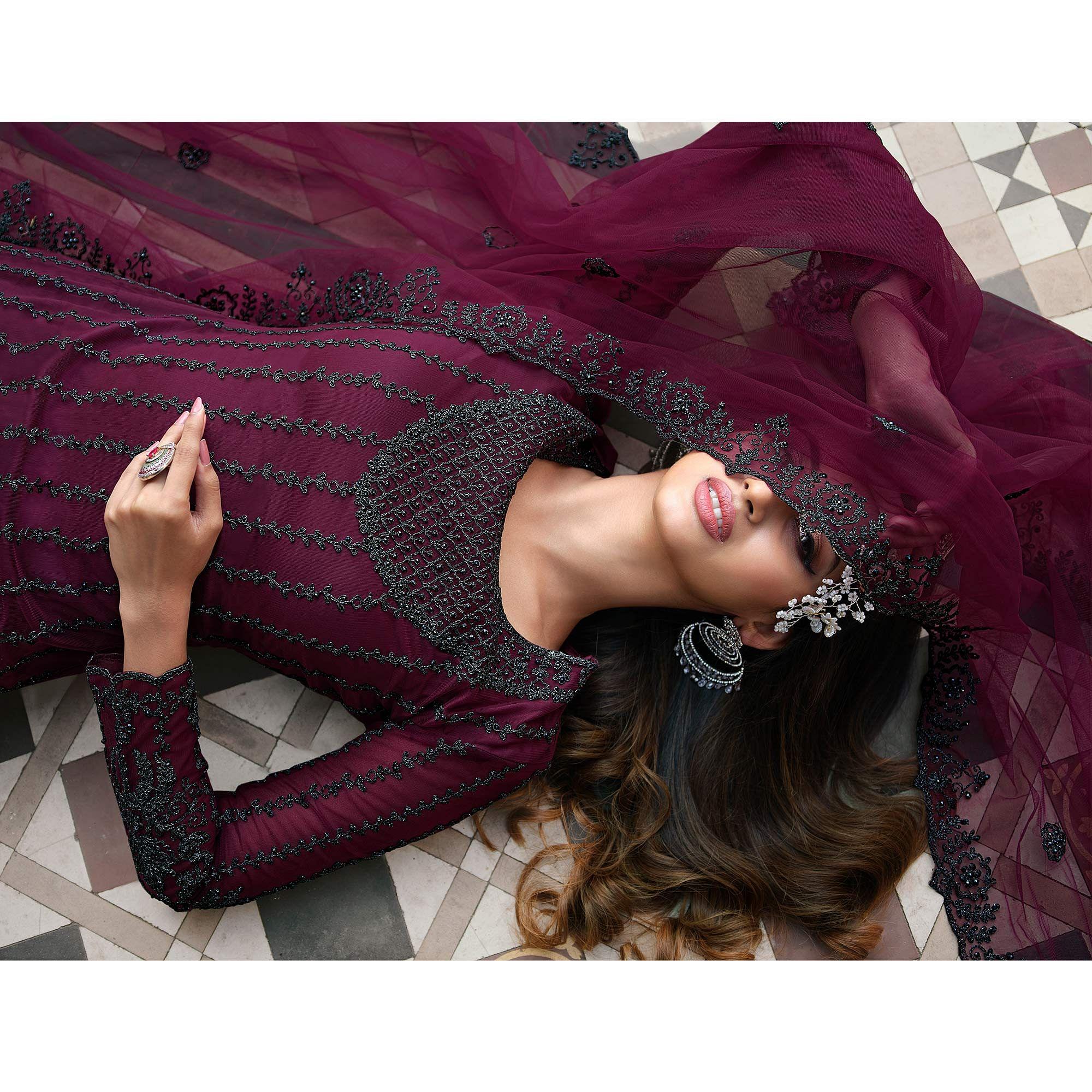 Purple Embroidery With Embellished Net Partywear Suit - Peachmode
