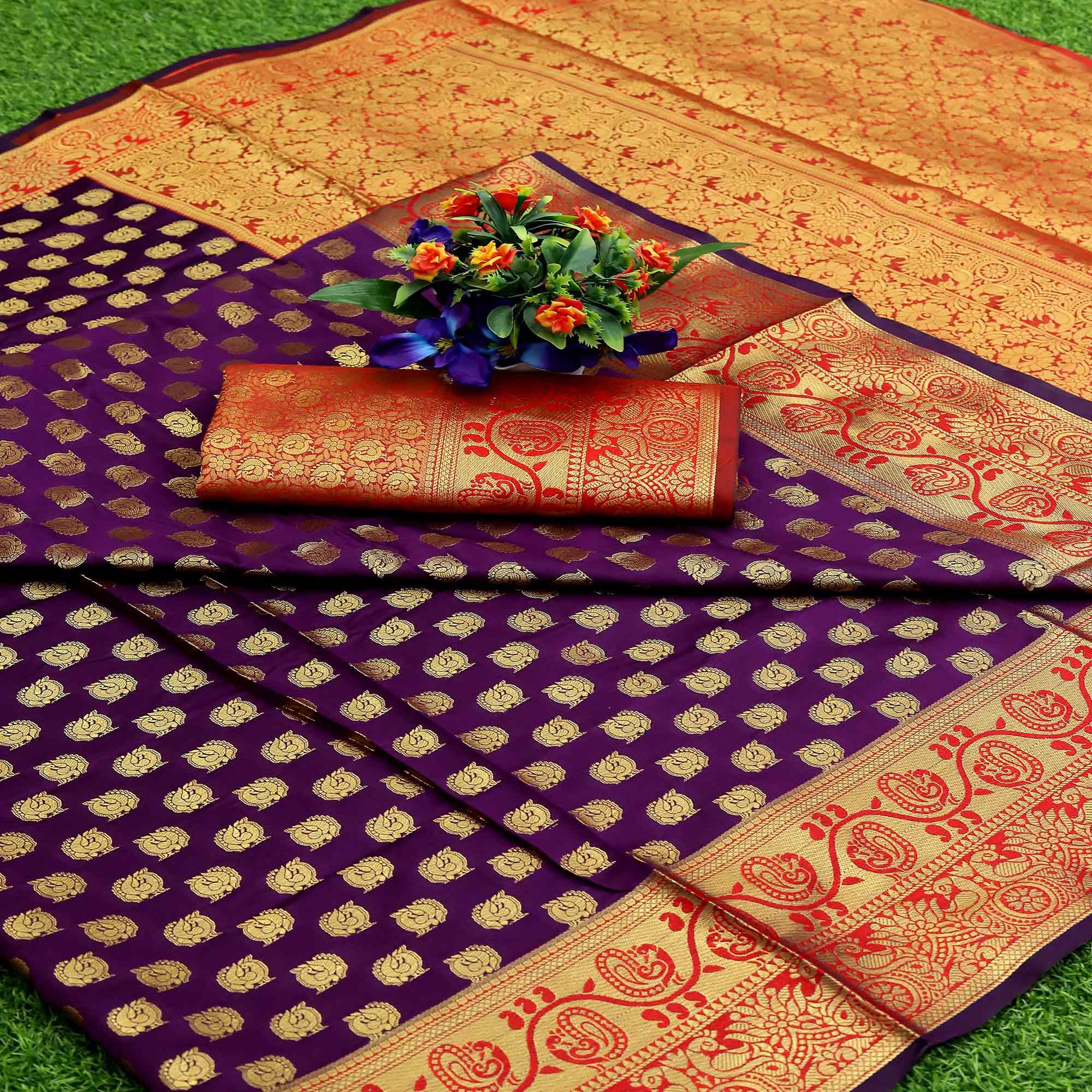 Purple Festive Embroidered Kota Banarasi Art Silk Saree - Peachmode