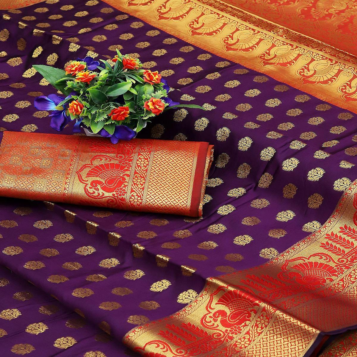 Purple Festive Embroidered Kota Banarasi Art Silk Saree - Peachmode