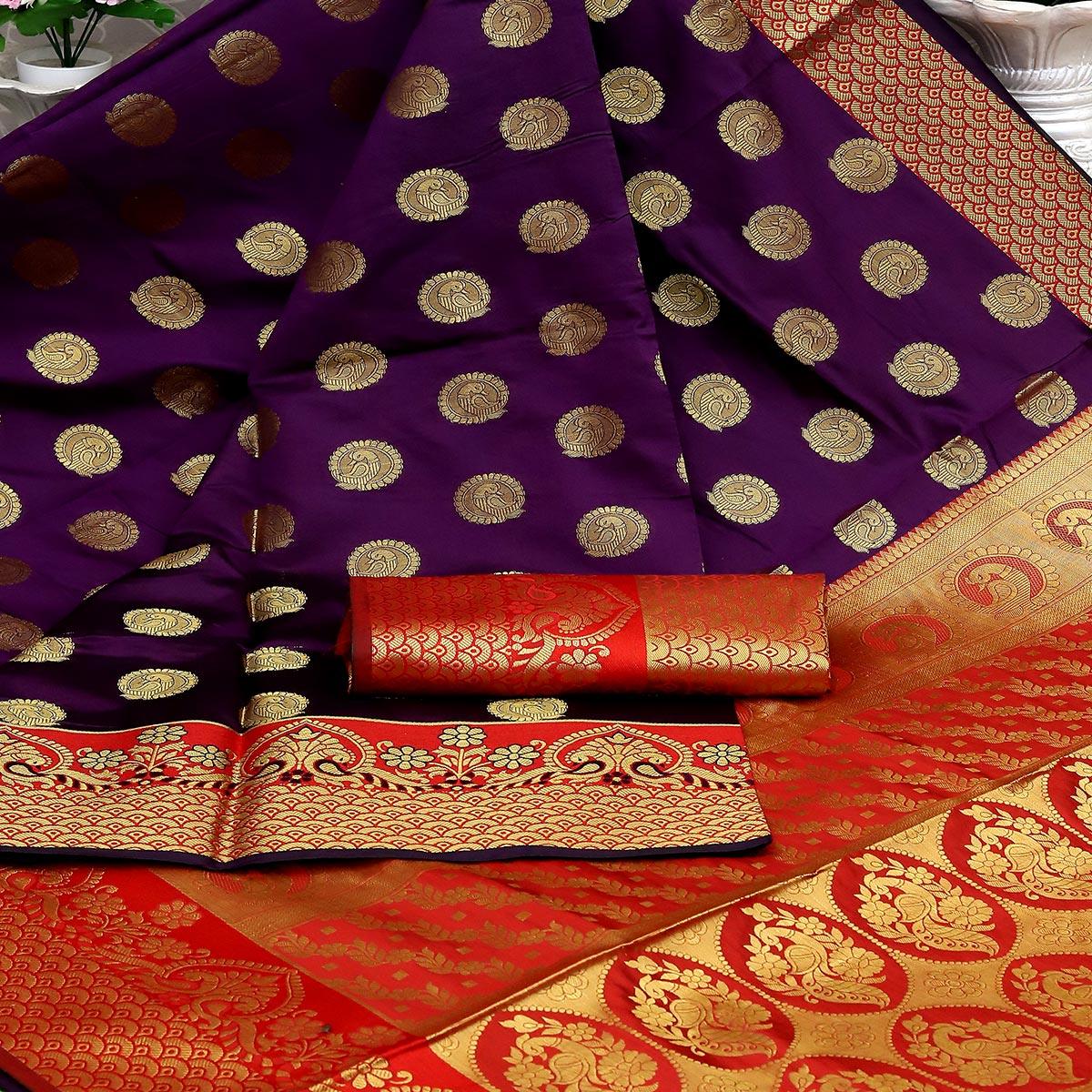 Purple Festive Embroidered Kota Banarasi Art Silk Saree - Peachmode