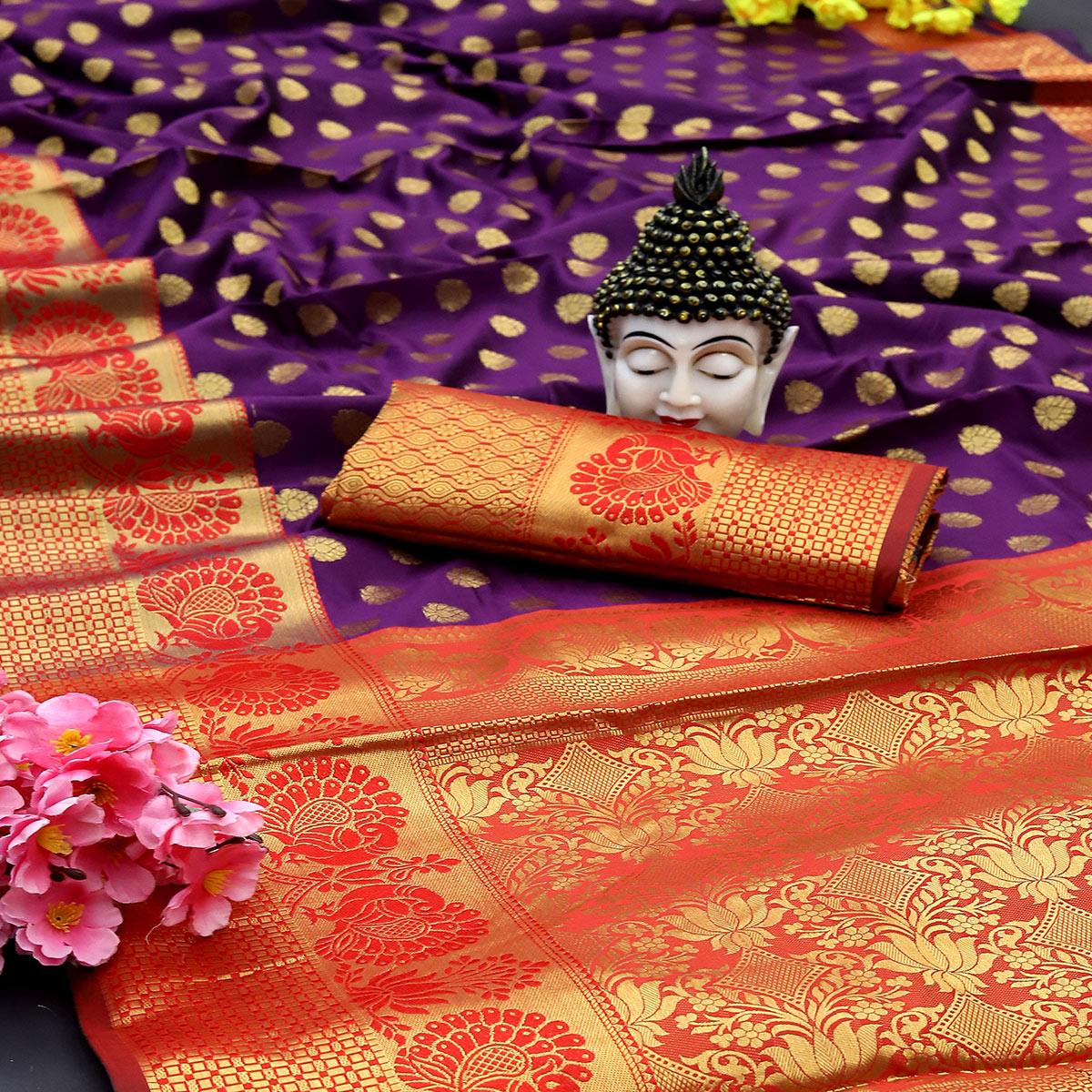 Purple Festive Embroidered Kota Banarasi Art Silk Saree - Peachmode