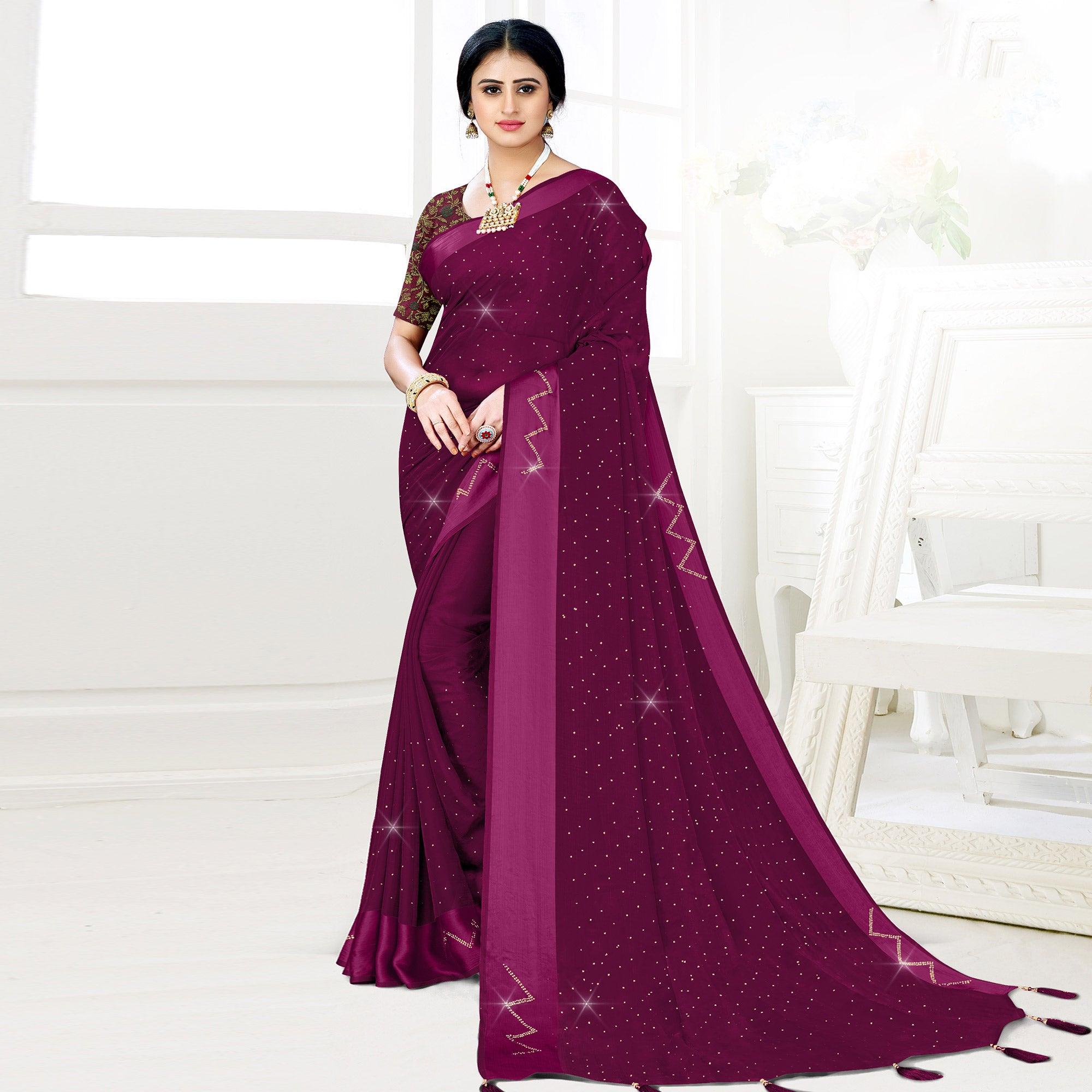 Purple Festive Wear Diamond And Swarovski Soft Chiffon-Satin Saree - Peachmode