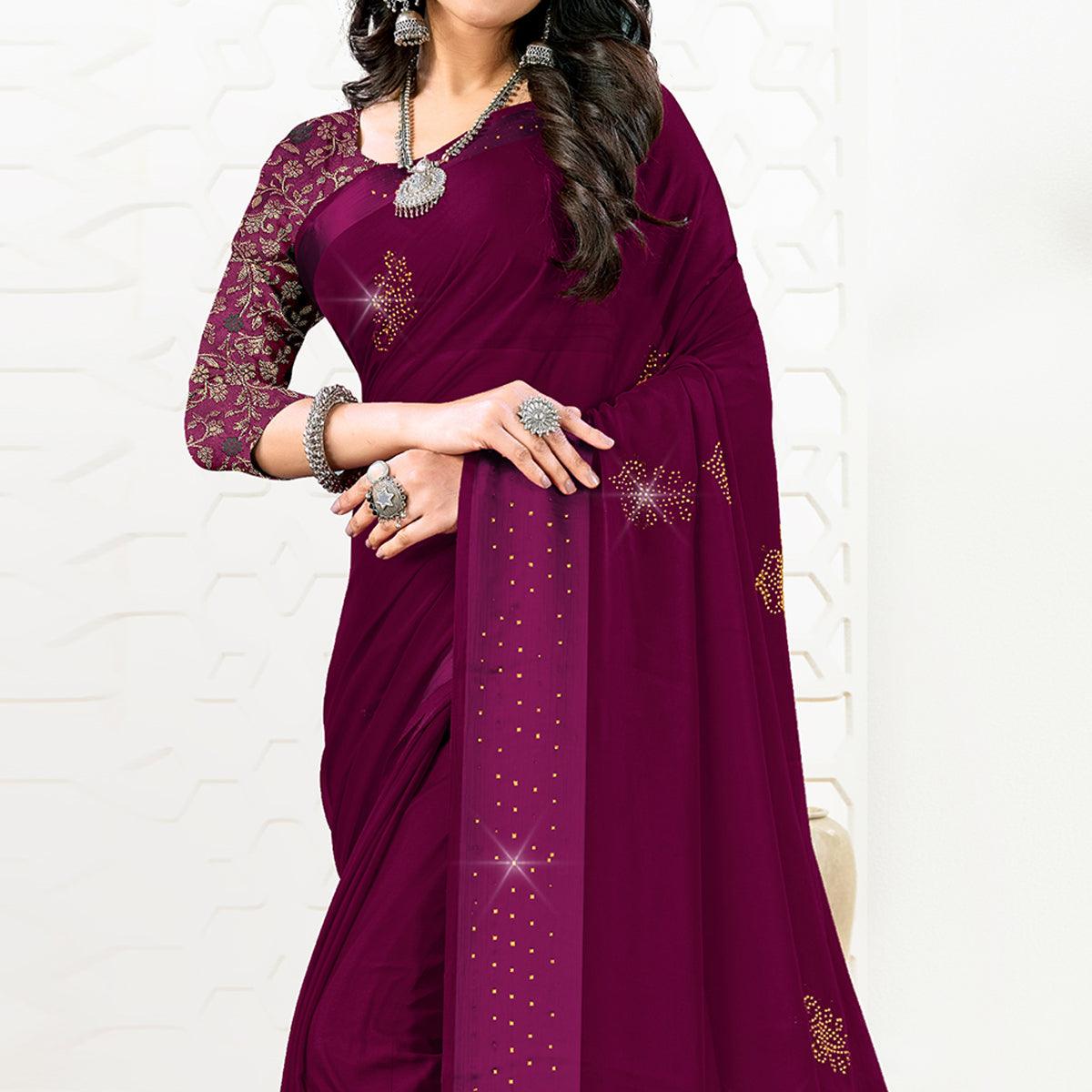 Purple Festive Wear Diamond And Swarovski Soft Chiffon-Satin Saree - Peachmode