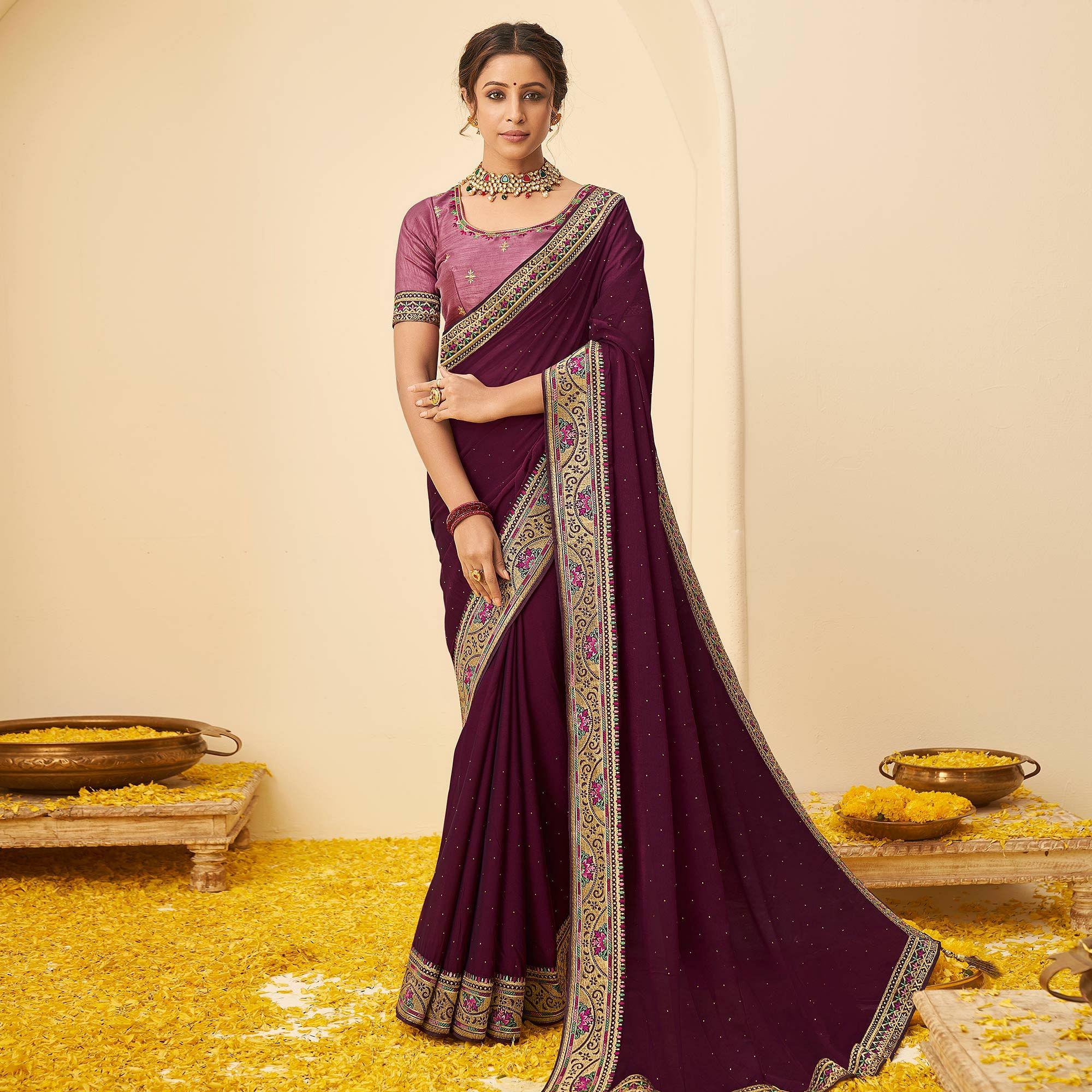 Purple Festive Wear Embellished Chiffon Saree With Heavy Lace - Peachmode
