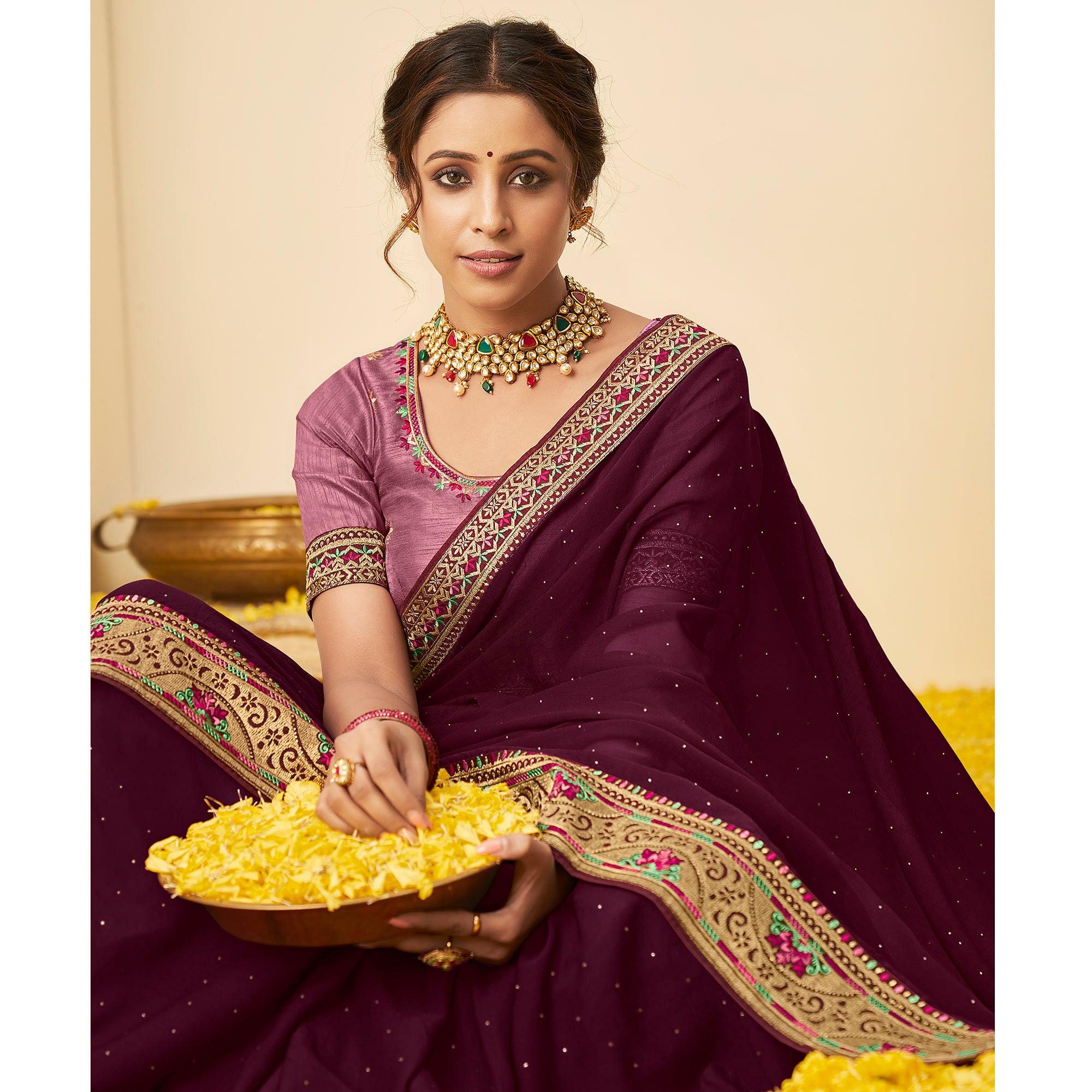Purple Festive Wear Embellished Chiffon Saree With Heavy Lace - Peachmode