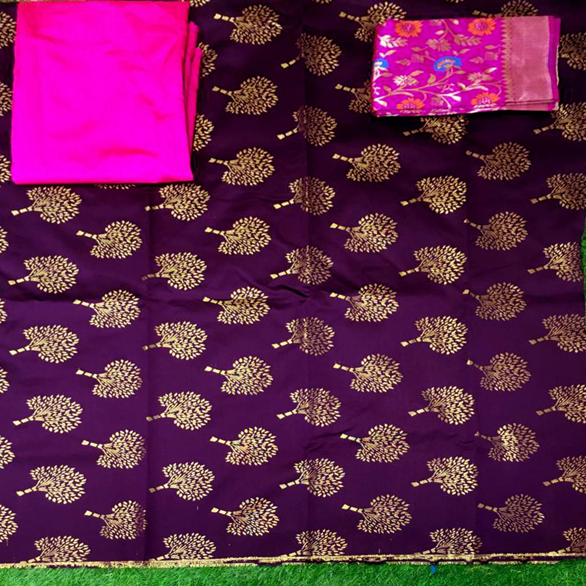 Purple Festive Wear Embroidered Banarasi Silk Dress Material - Peachmode