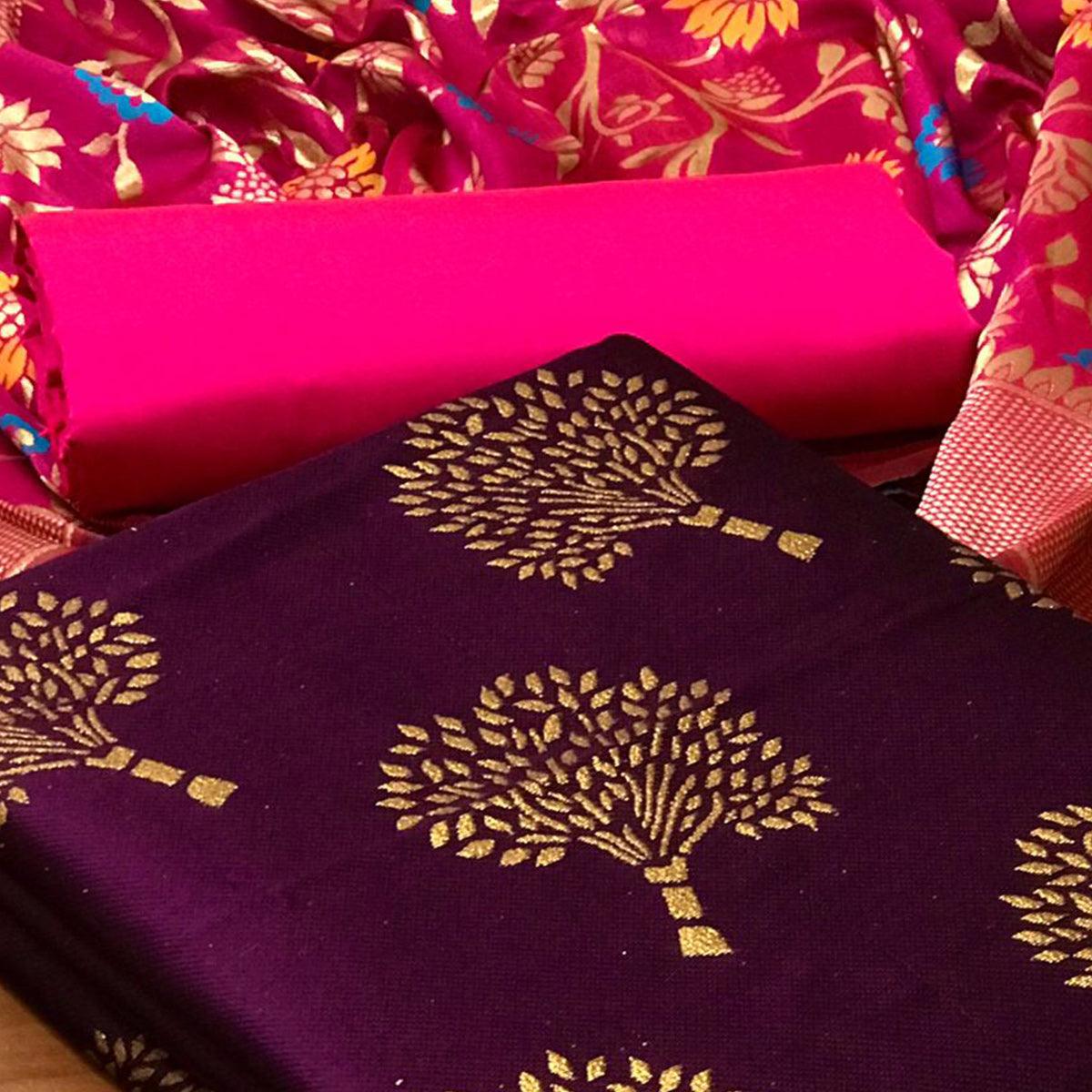 Purple Festive Wear Embroidered Banarasi Silk Dress Material - Peachmode
