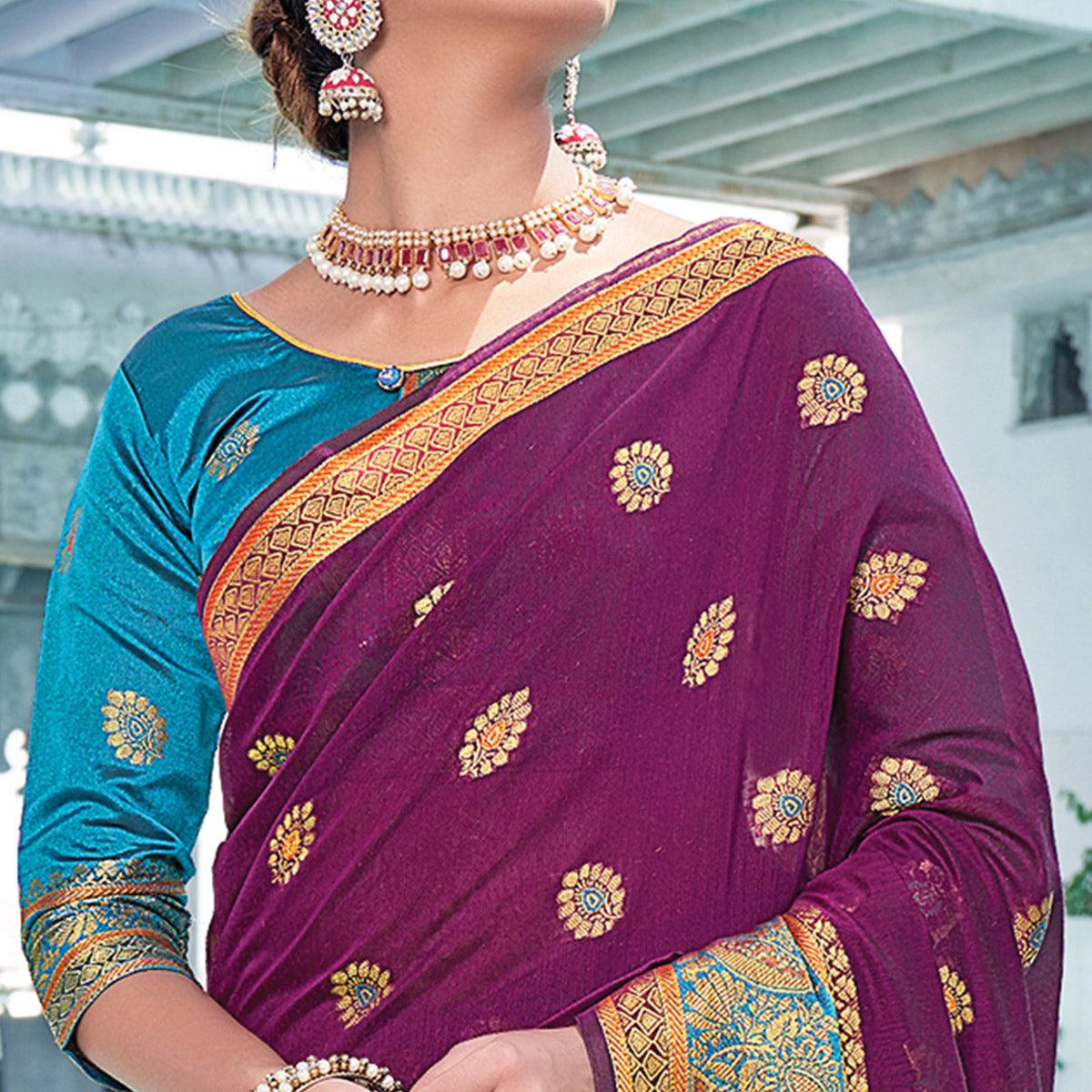 Purple Festive Wear Embroidered Cotton Saree - Peachmode