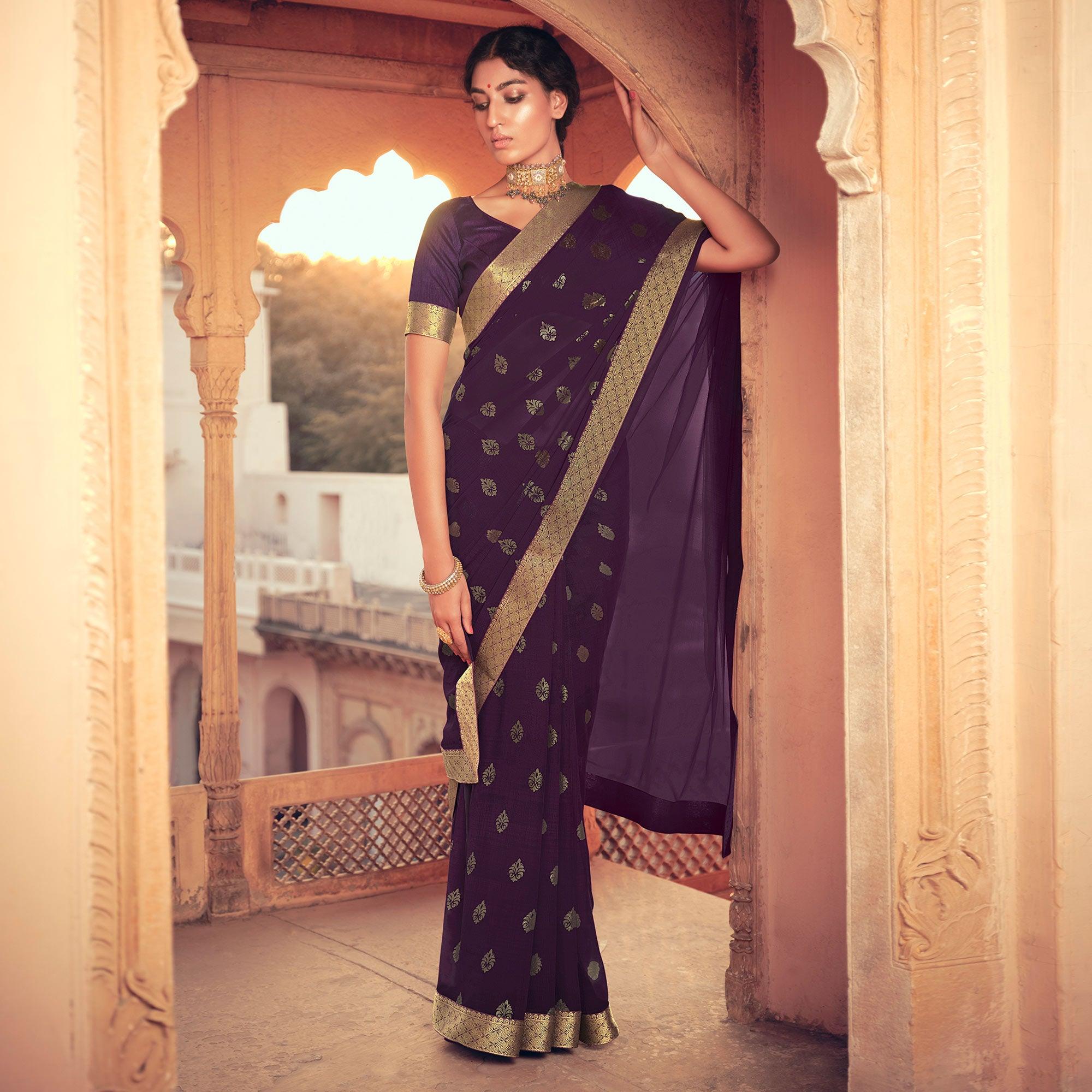 Purple Festive Wear Fancy Smoke Printed Georgette Saree Fancy Lace - Peachmode