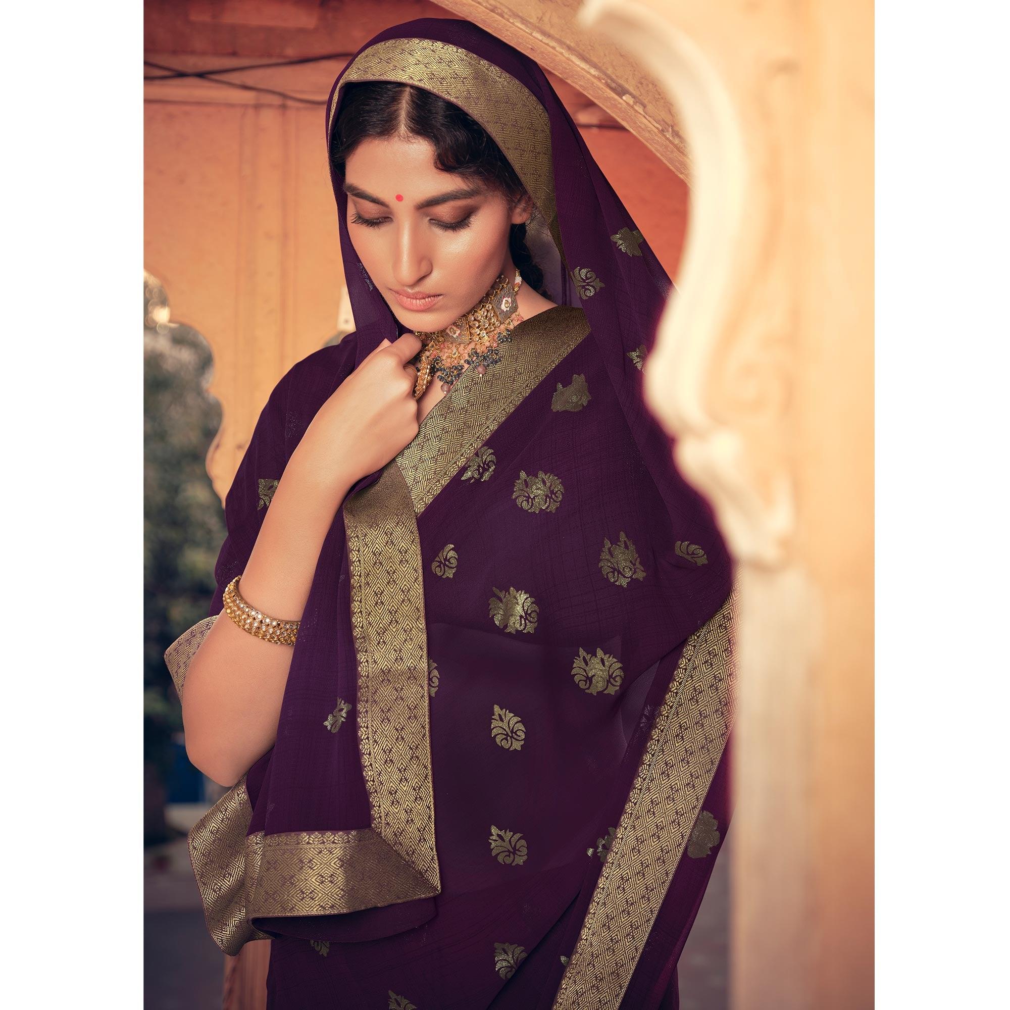 Purple Festive Wear Fancy Smoke Printed Georgette Saree Fancy Lace - Peachmode