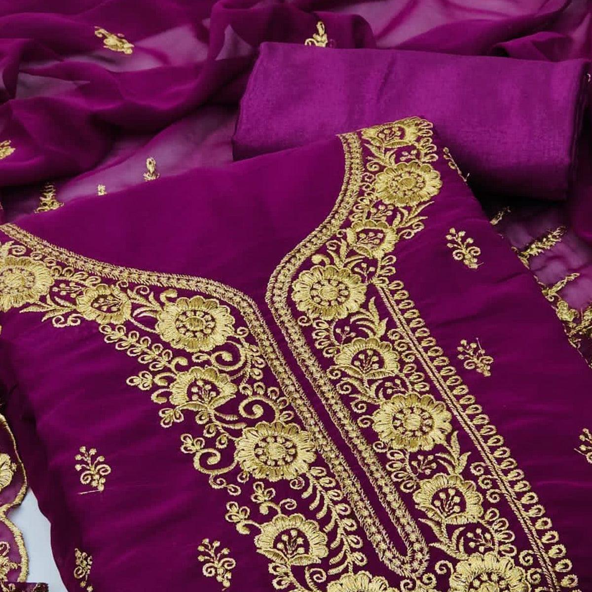 Purple Festive Wear Floral Embroidered Georgette Dress Material - Peachmode