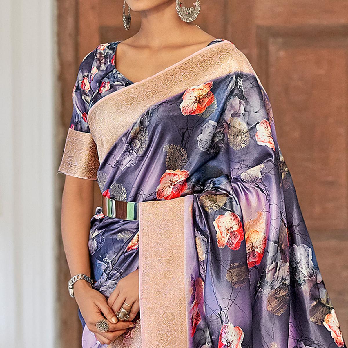 Purple Festive Wear Floral Printed With Woven With Woven Jacquard Saree - Peachmode