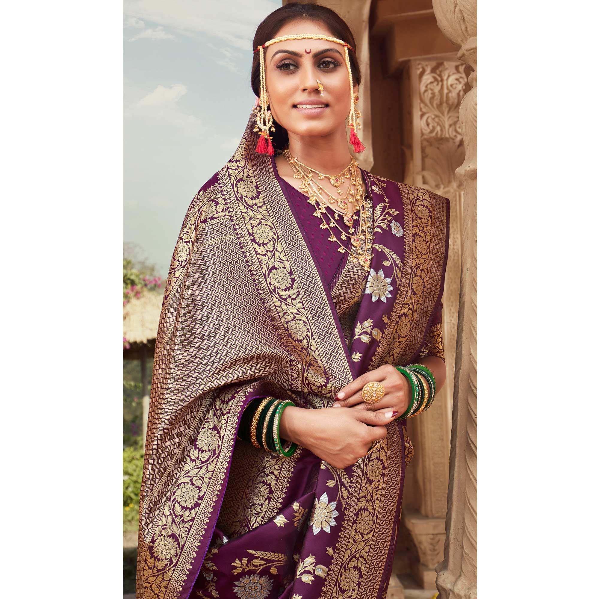 Purple Festive Wear Floral Woven Banarasi Silk Saree - Peachmode