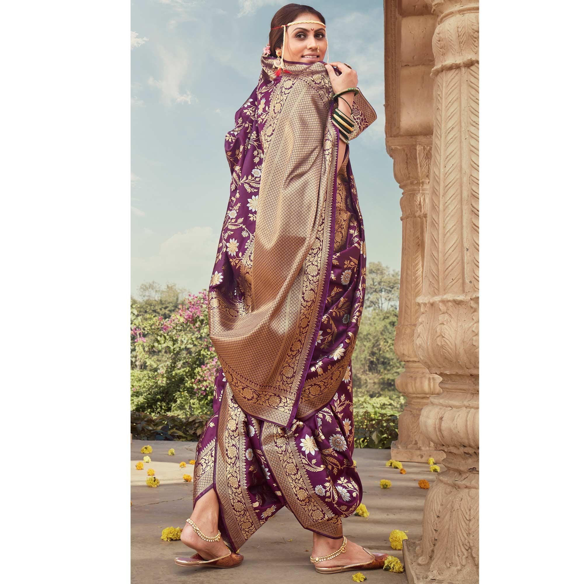 Purple Festive Wear Floral Woven Banarasi Silk Saree - Peachmode