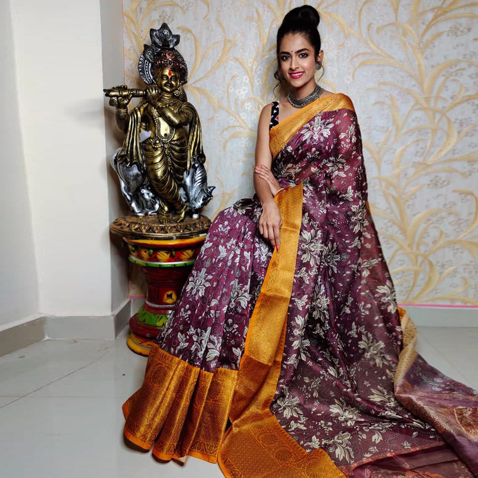 Purple Festive Wear Kalamkari Printed Chanderi Silk Saree With Zari Weaving Border - Peachmode