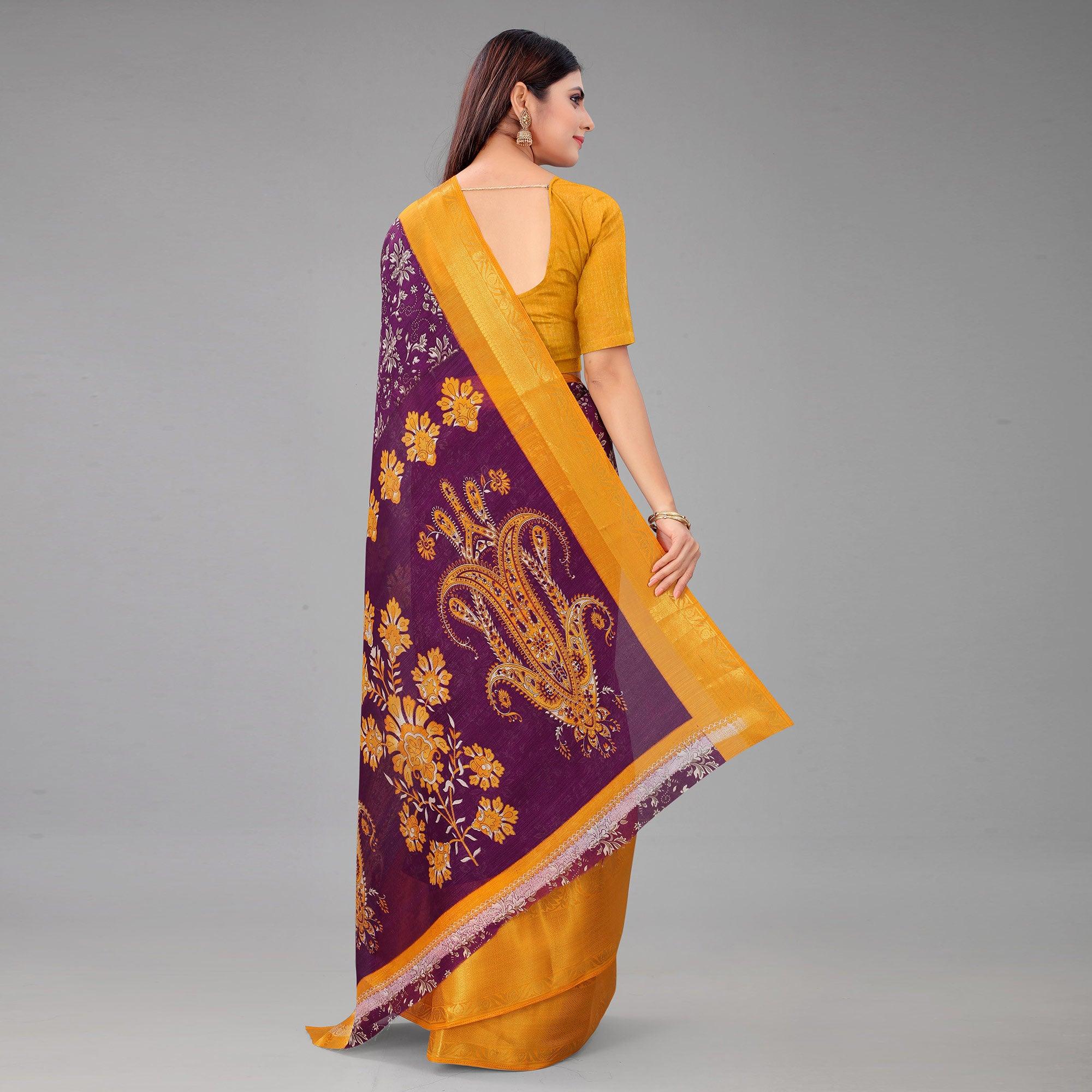 Purple Festive Wear Kalamkari Printed Chanderi Silk Saree With Zari Weaving Border - Peachmode