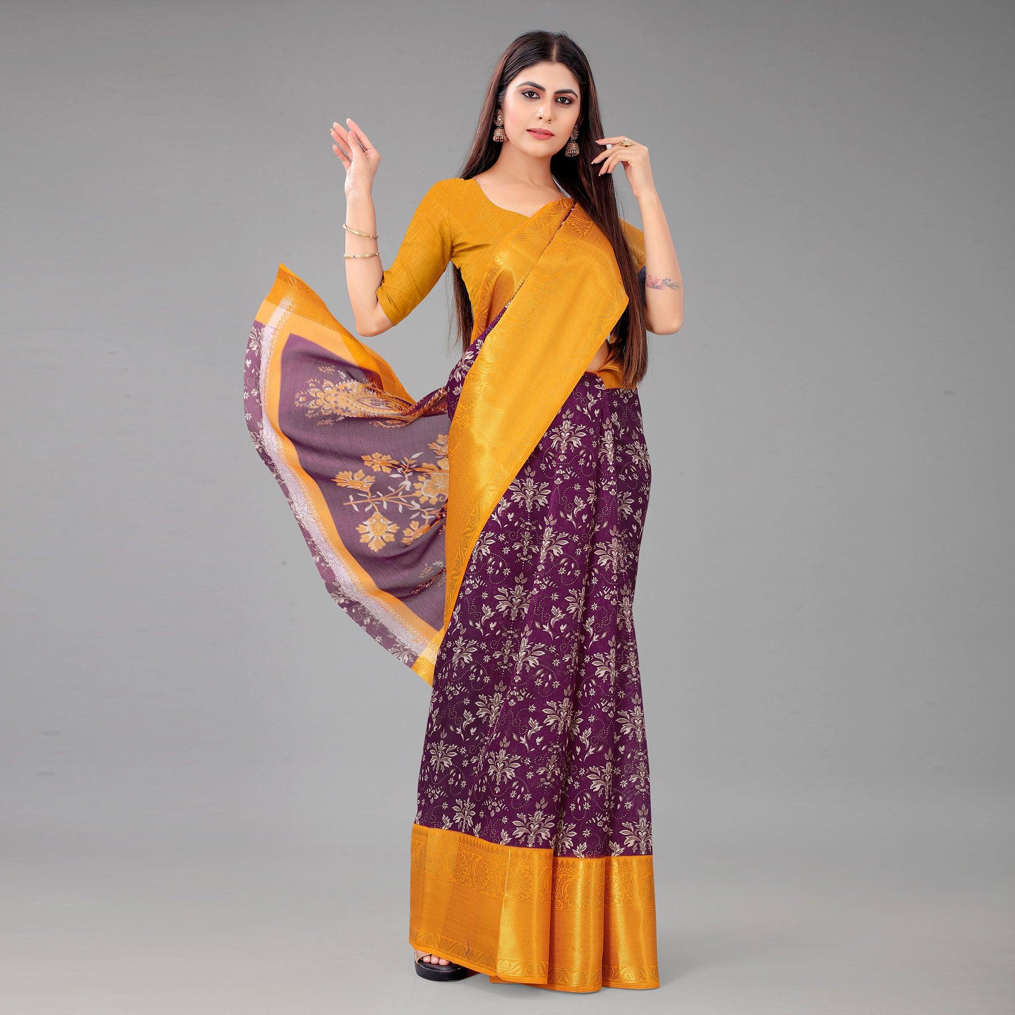 Purple Festive Wear Kalamkari Printed Chanderi Silk Saree With Zari Weaving Border - Peachmode