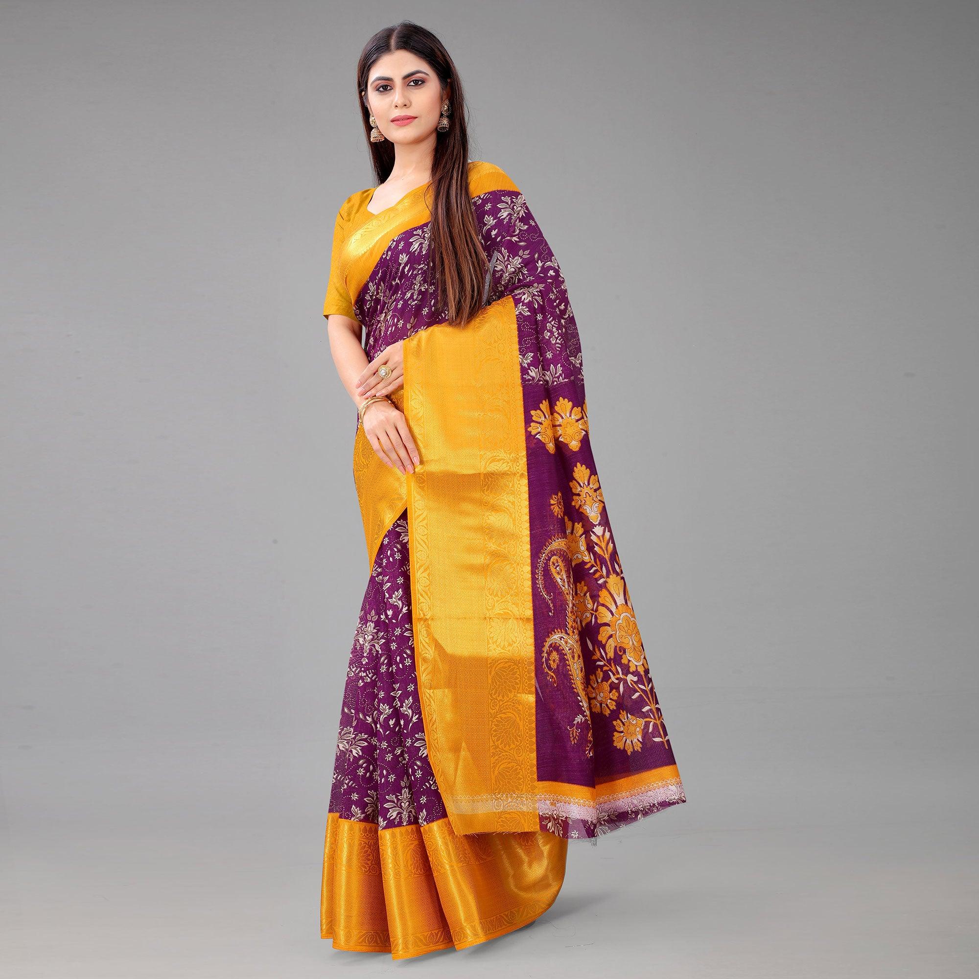 Purple Festive Wear Kalamkari Printed Chanderi Silk Saree With Zari Weaving Border - Peachmode