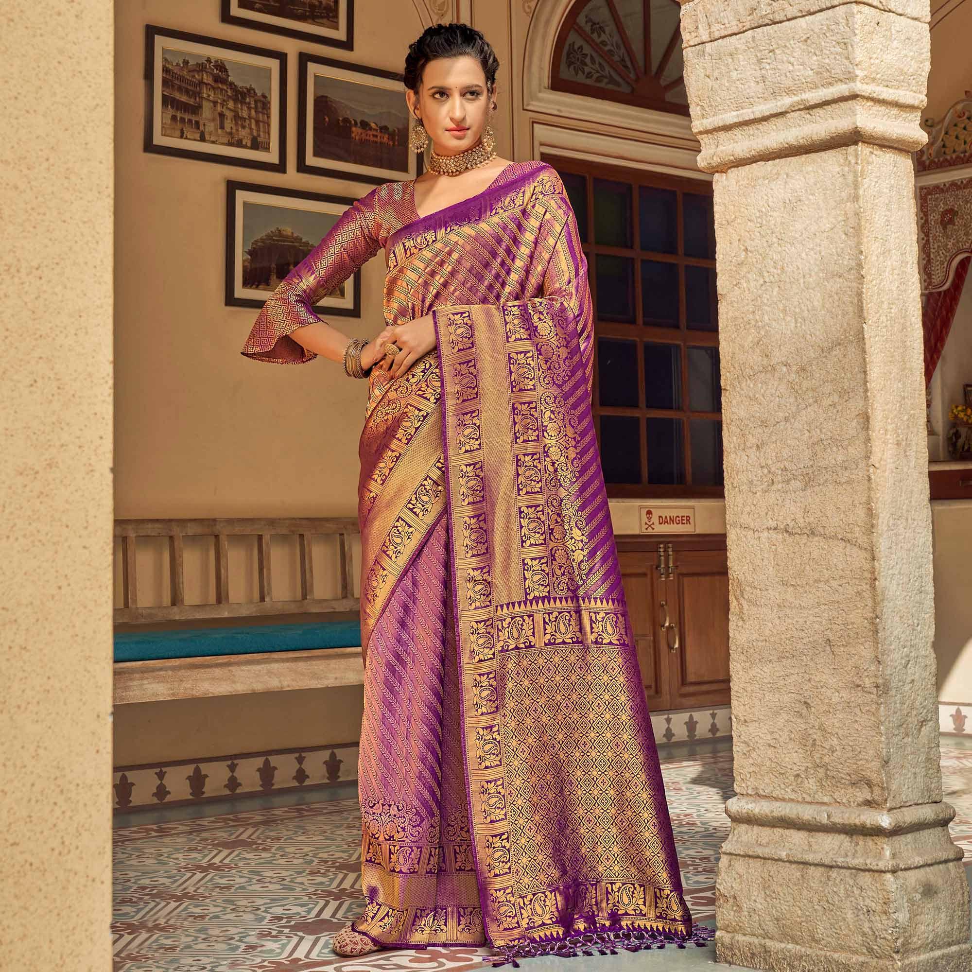 Purple Festive Wear Kanjivaram Blended Silk Saree With Tassels - Peachmode