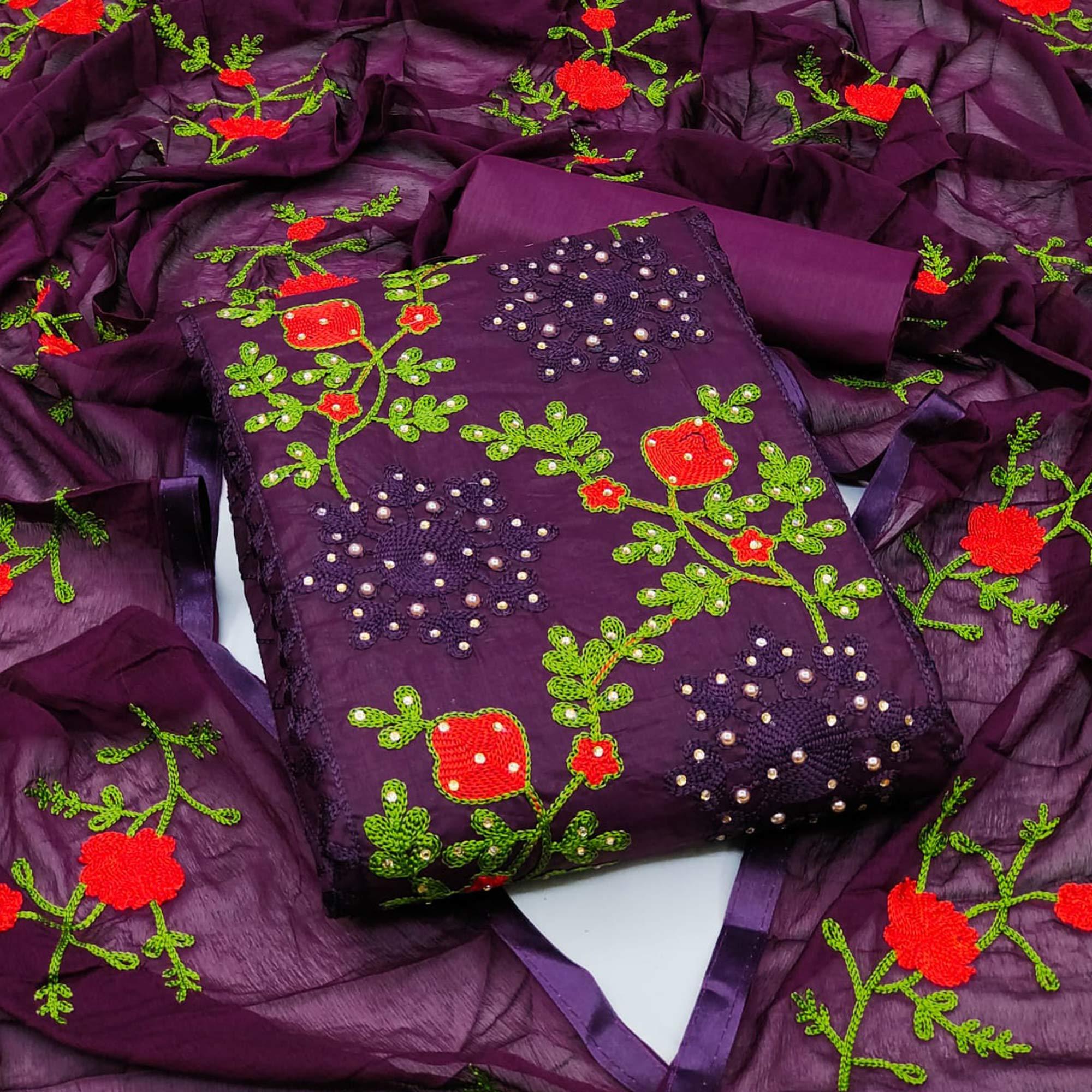 Purple Festive Wear Pearl Work Embroidered Cotton Dress Material - Peachmode
