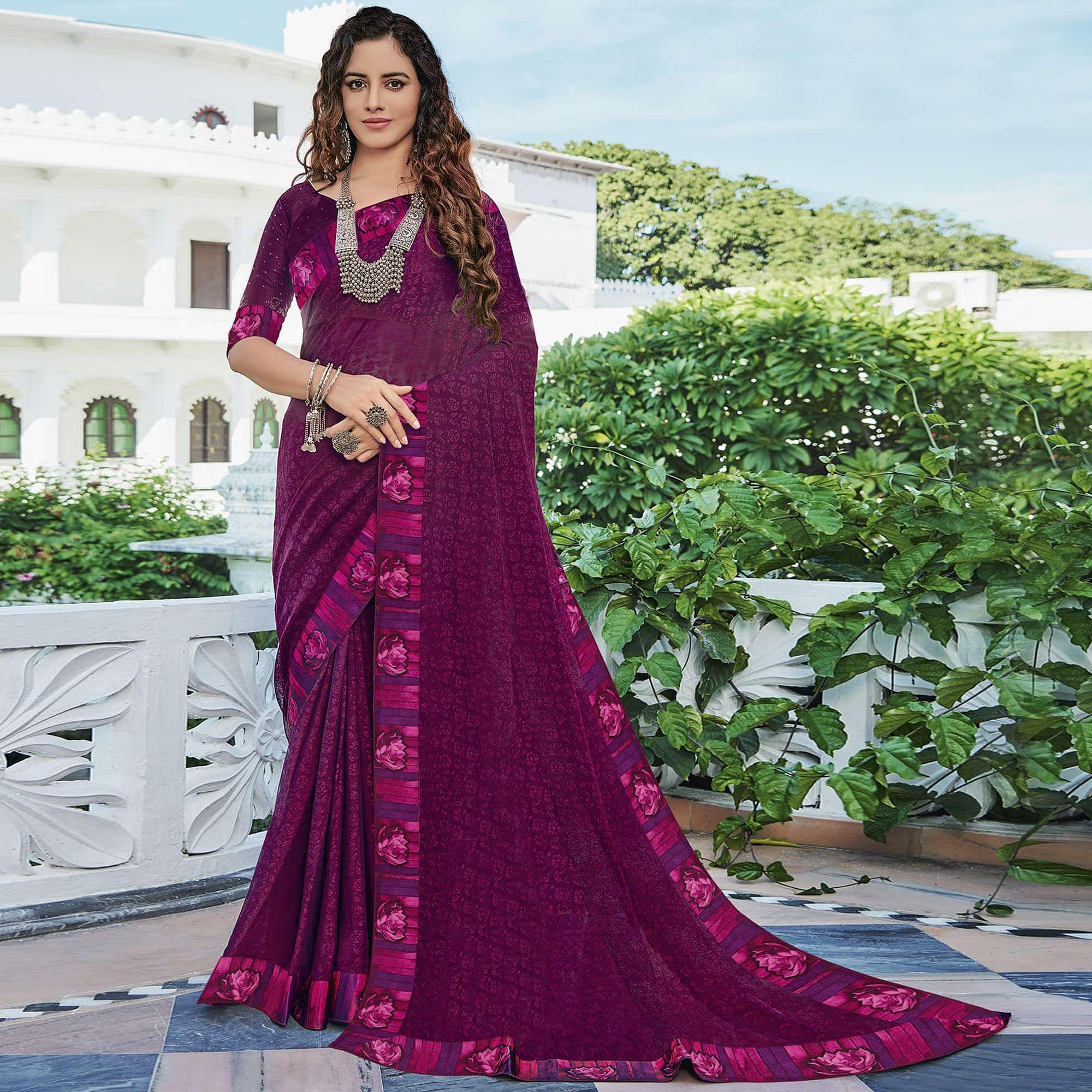 Purple Festive Wear Printed Brasso Saree - Peachmode