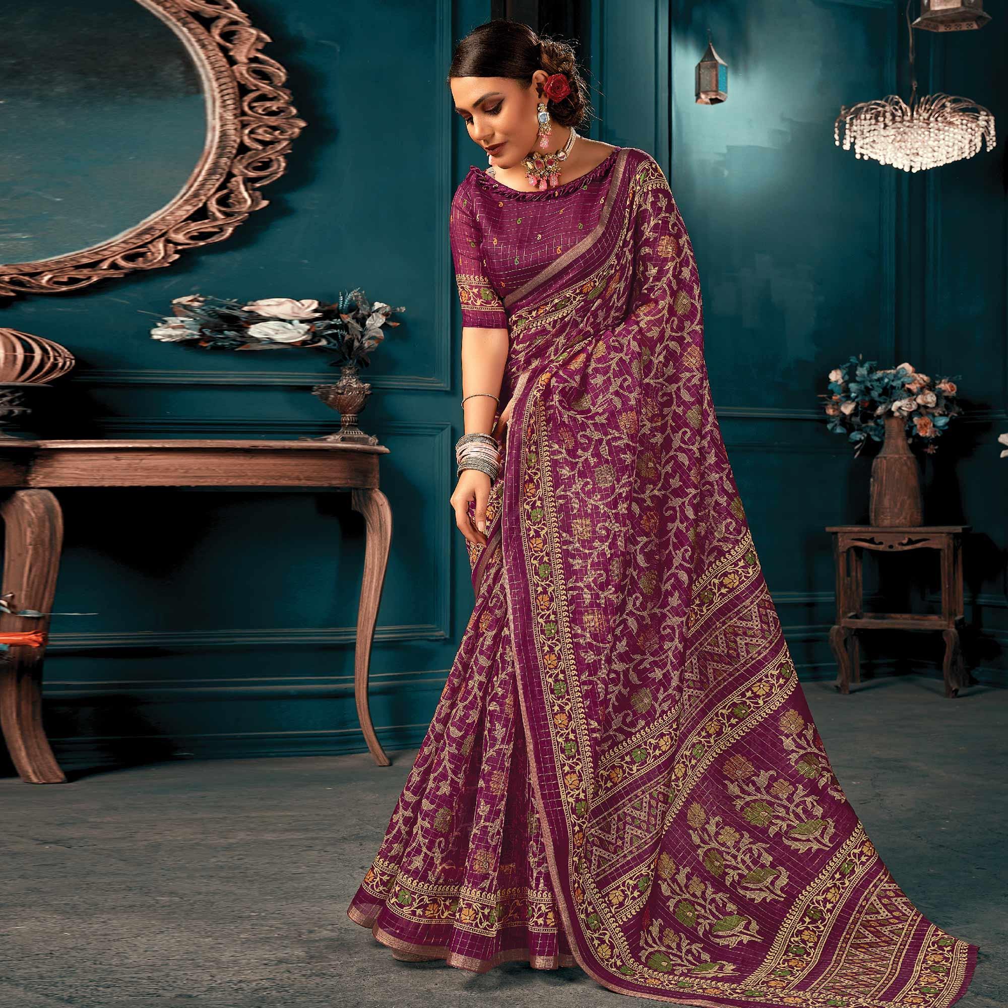 Purple Festive Wear Printed Cotton Saree - Peachmode