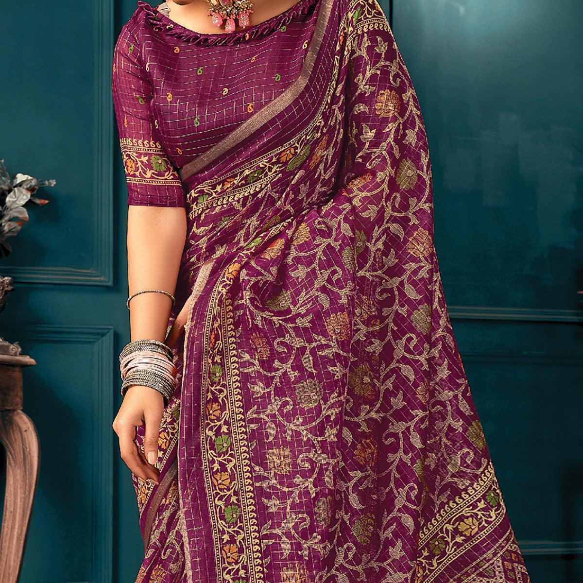 Purple Festive Wear Printed Cotton Saree - Peachmode