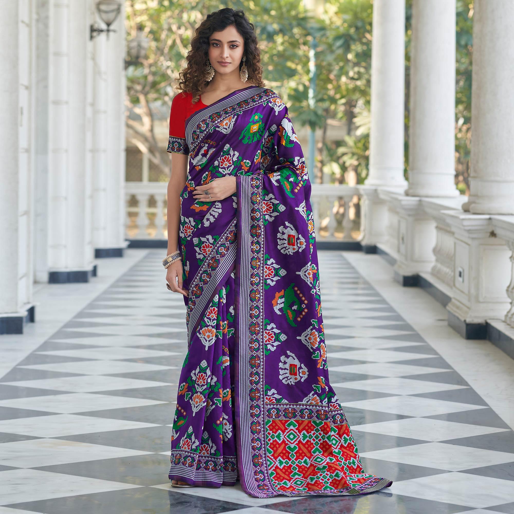 Purple Festive Wear Printed With Weaving Patola Silk Saree - Peachmode