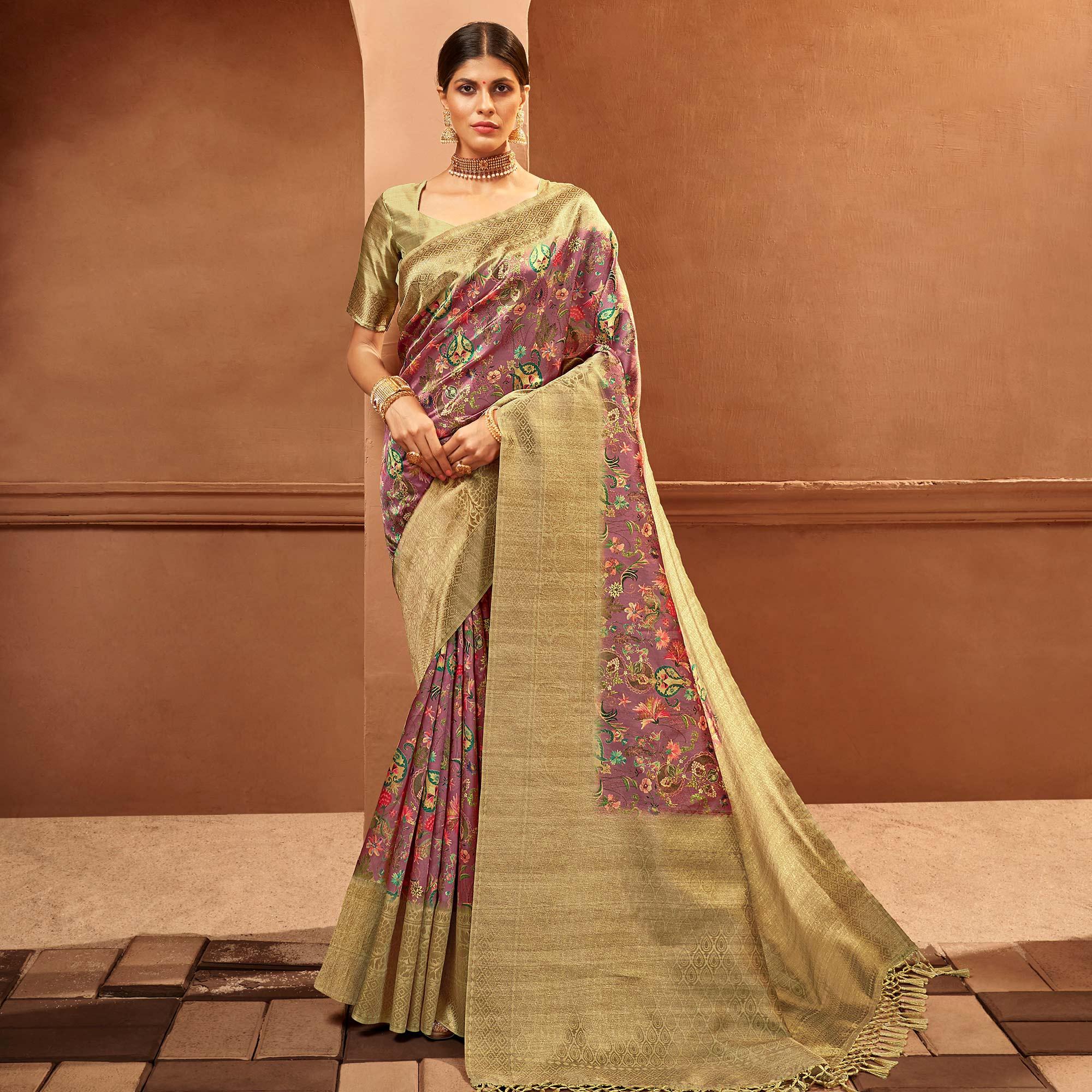 Purple Festive Wear Pure Digital Prints Jacquard Silk Saree - Peachmode