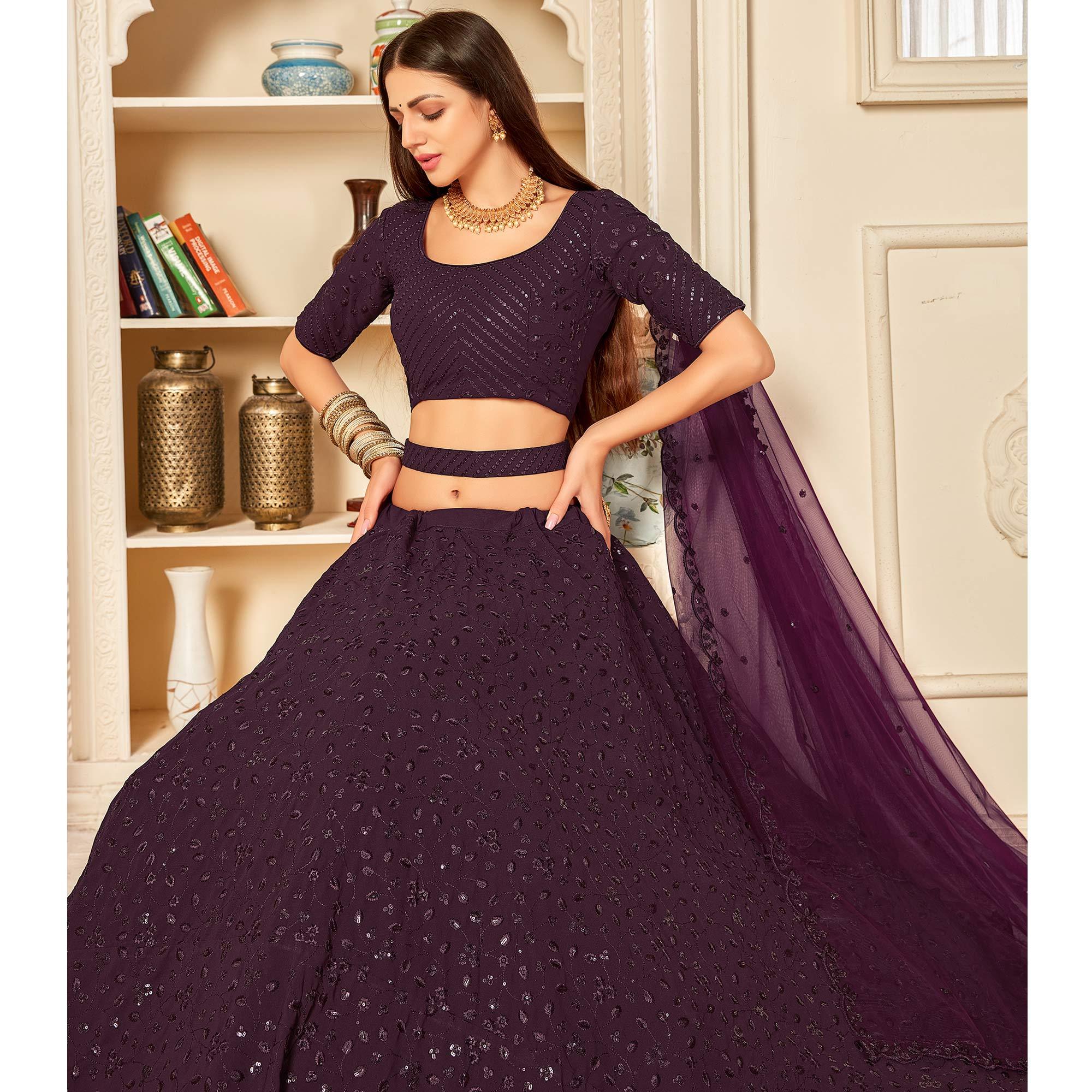 Purple Festive Wear Thread with Sequence Embroidered Georgette Lehenga Choli - Peachmode