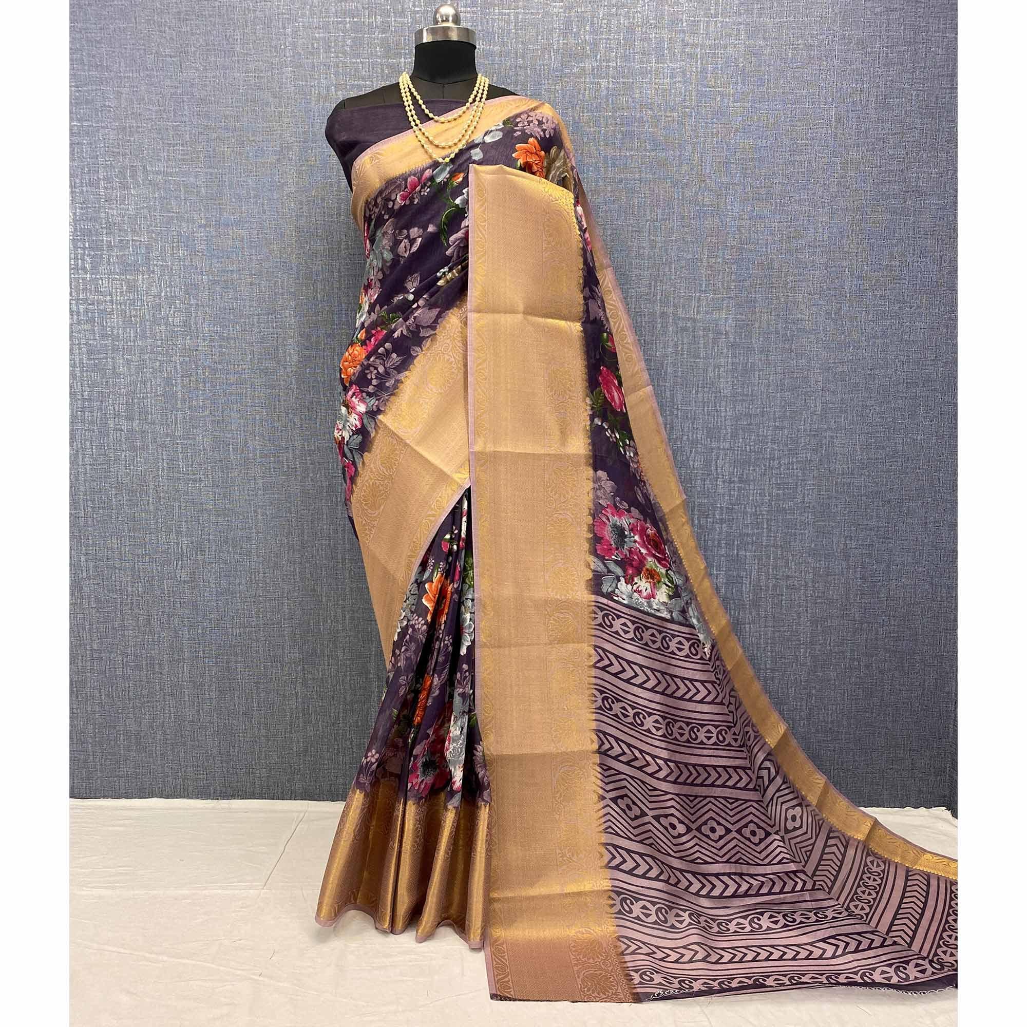 Purple Festive Wear Woven & Printed Chanderi Silk Saree - Peachmode