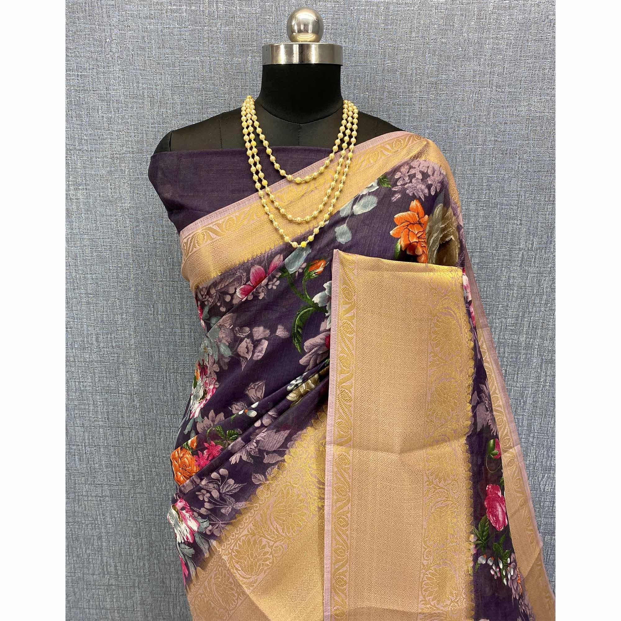 Purple Festive Wear Woven & Printed Chanderi Silk Saree - Peachmode