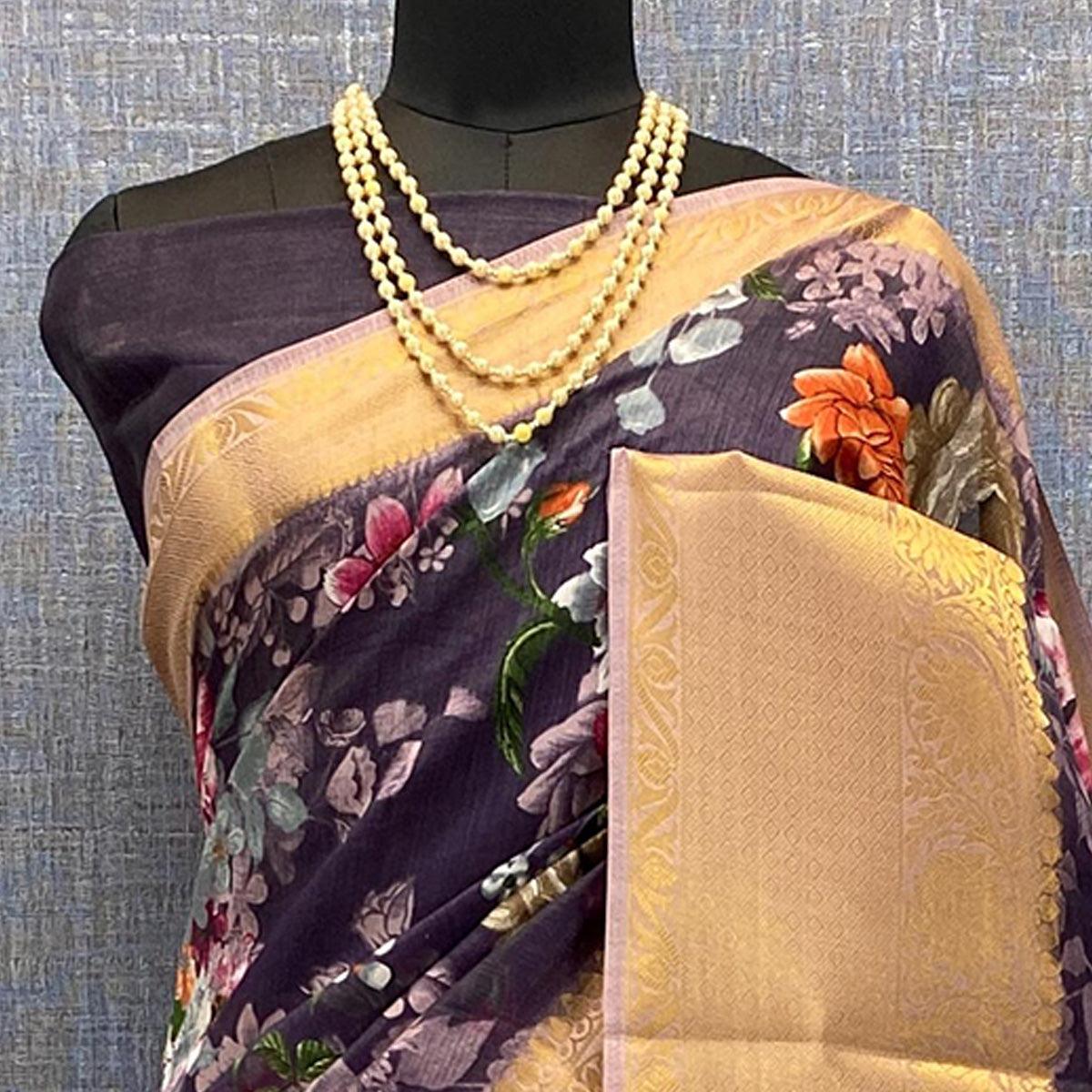 Purple Festive Wear Woven & Printed Chanderi Silk Saree - Peachmode