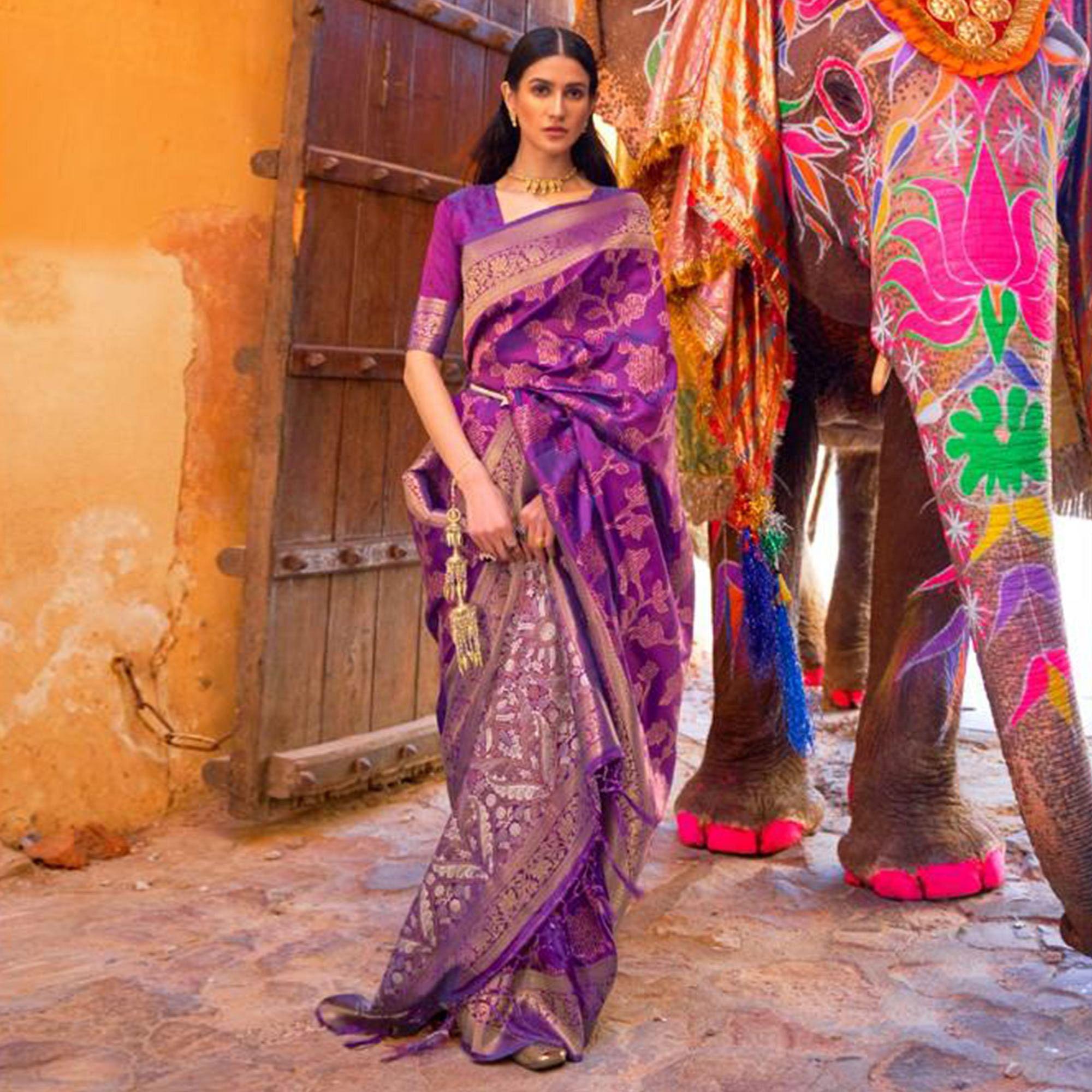 Purple Festive Wear Woven Art Silk Saree With Tassels - Peachmode