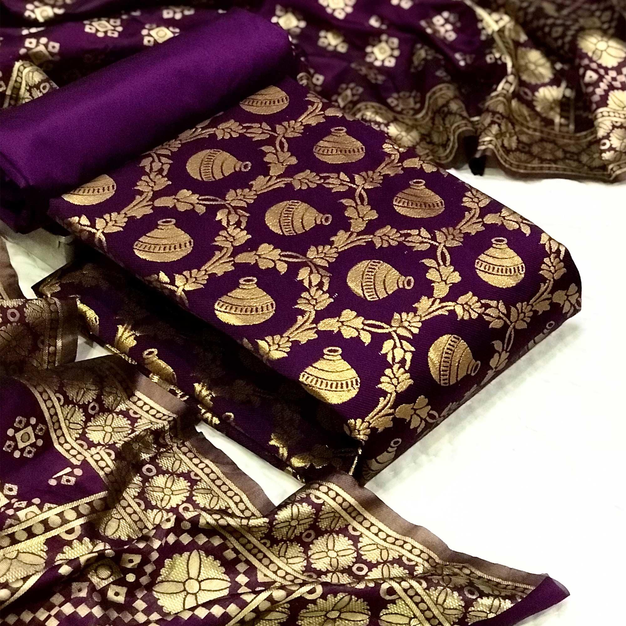 Purple Festive Wear Woven Banarasi Silk Dress Material - Peachmode
