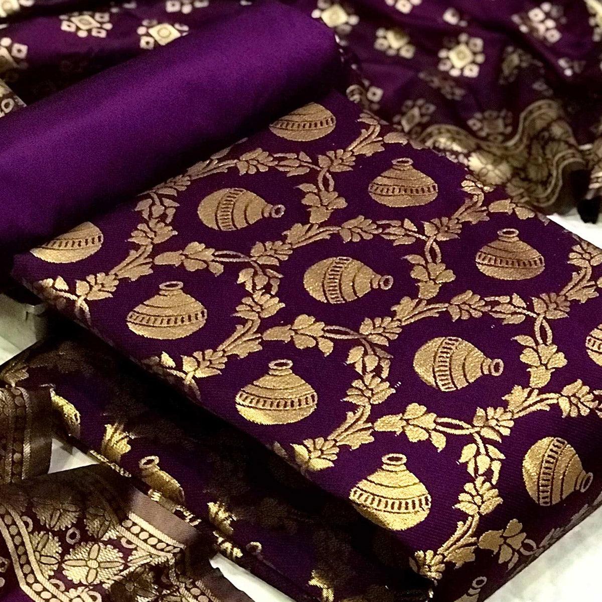 Purple Festive Wear Woven Banarasi Silk Dress Material - Peachmode