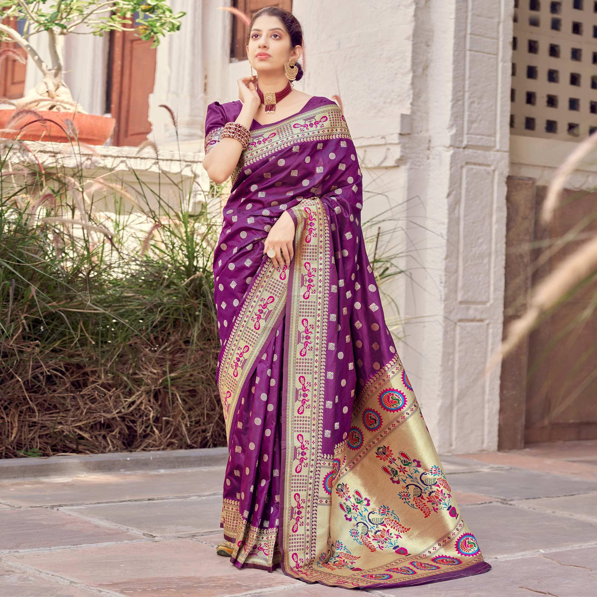 Purple Festive Wear Woven Banarasi Silk Saree - Peachmode