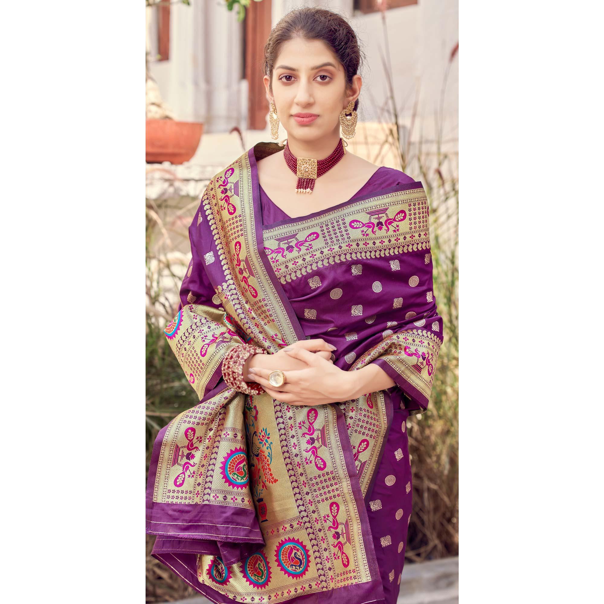 Purple Festive Wear Woven Banarasi Silk Saree - Peachmode