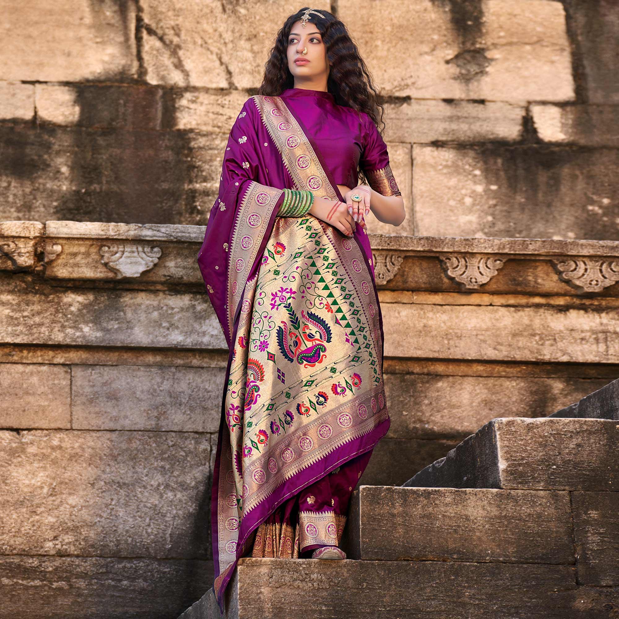 Purple Festive Wear Woven Banarasi Silk Saree - Peachmode