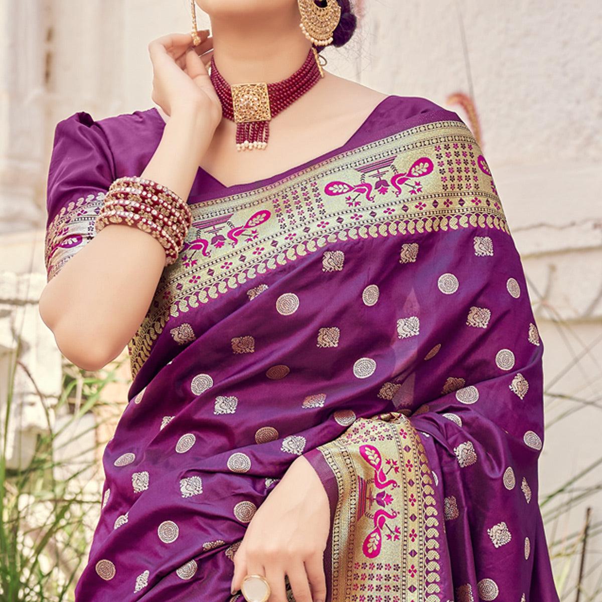Purple Festive Wear Woven Banarasi Silk Saree - Peachmode
