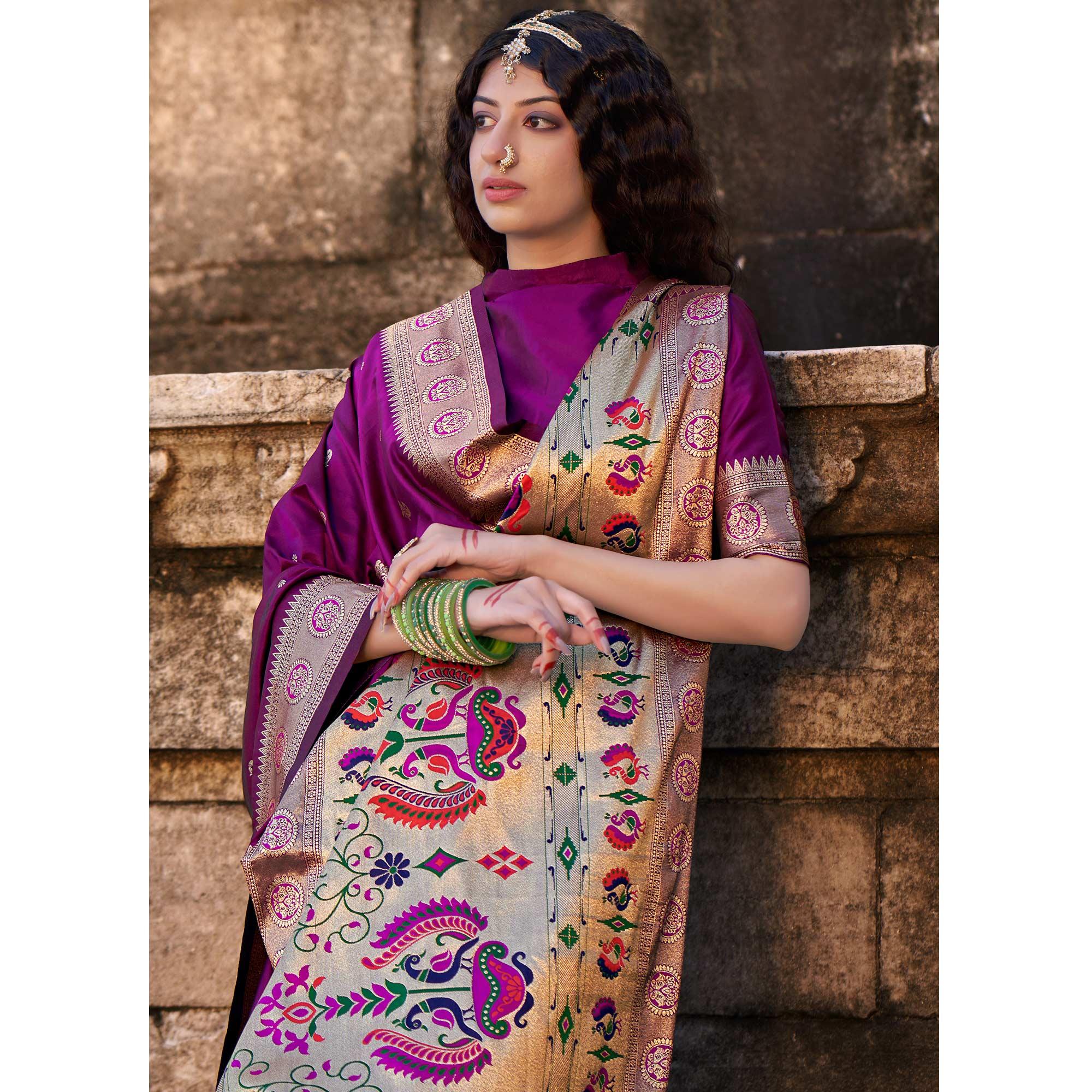 Purple Festive Wear Woven Banarasi Silk Saree - Peachmode