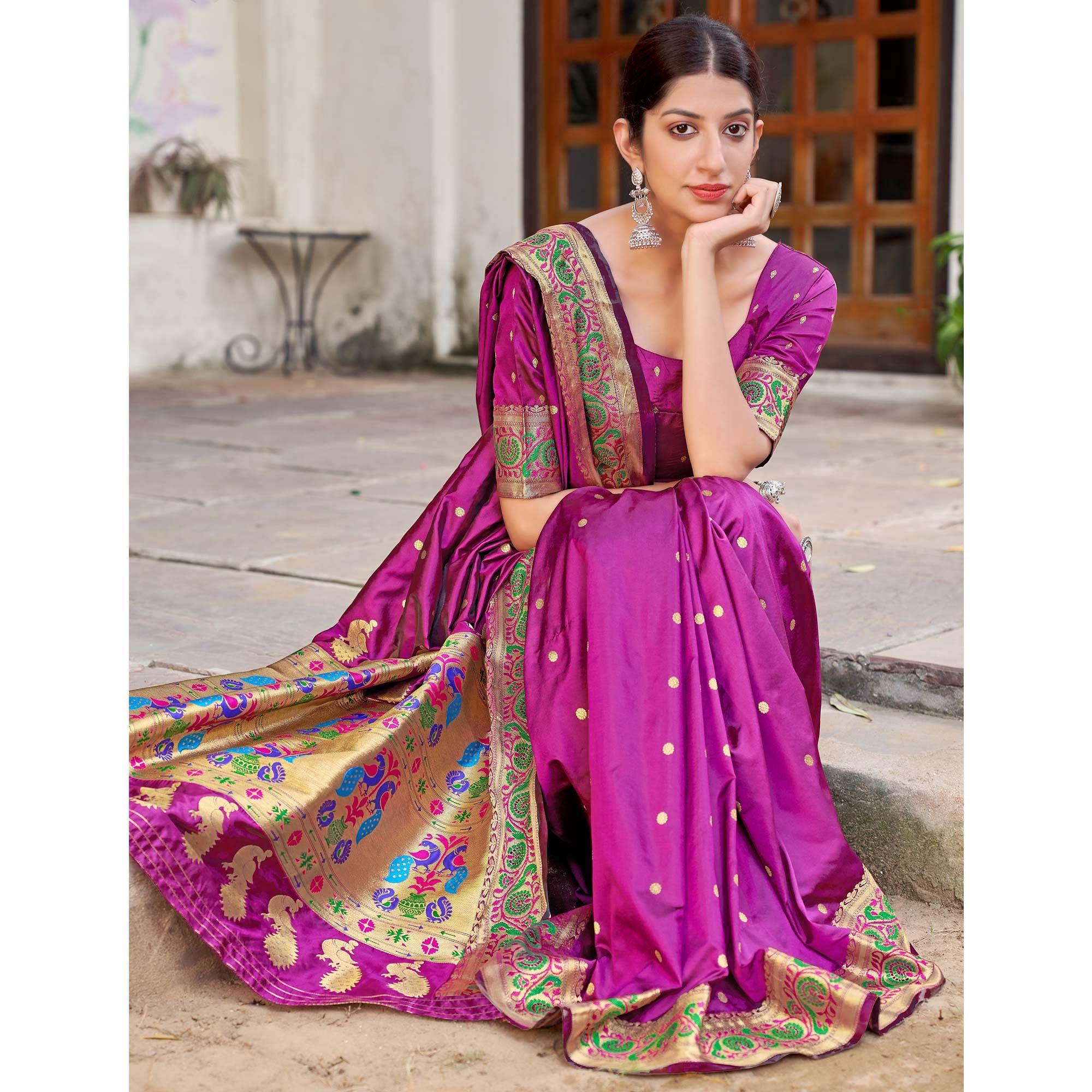 Purple Festive Wear Woven Banarasi Soft Silk Saree - Peachmode