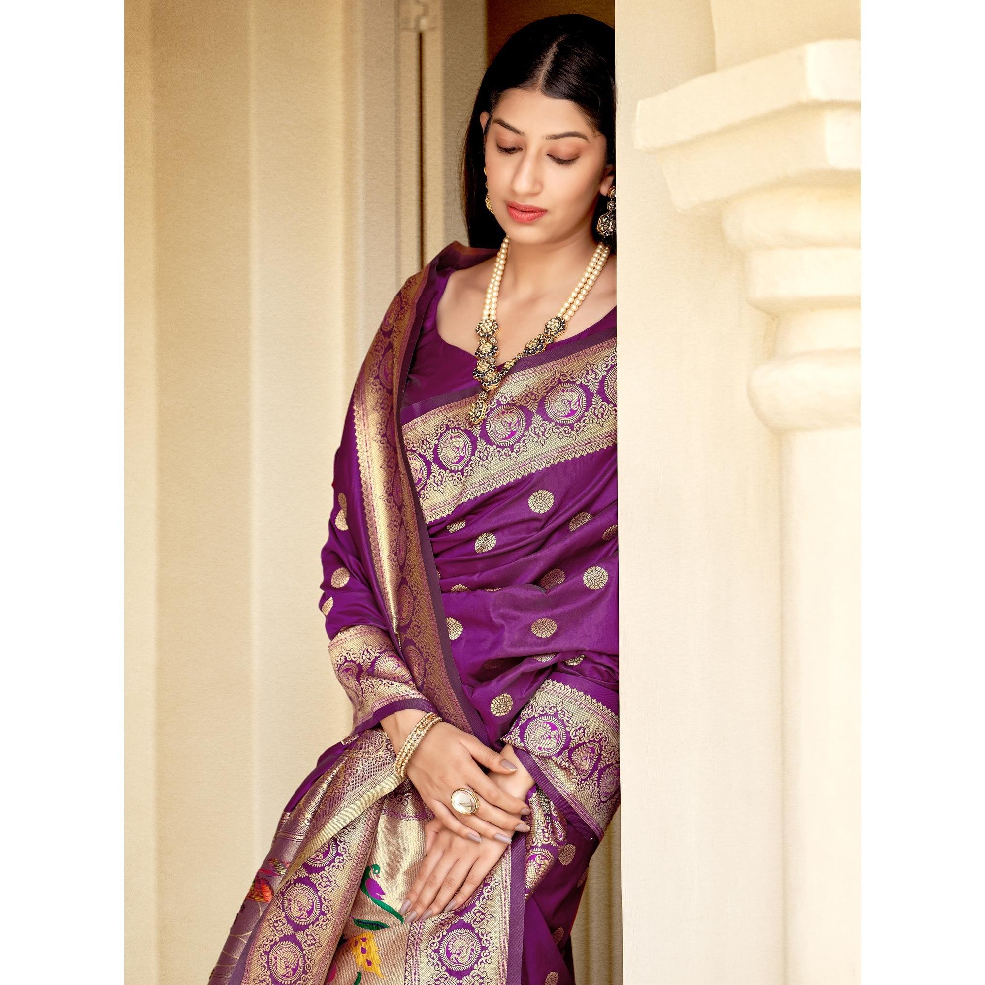 Purple Festive Wear Woven Banarasi Soft Silk Saree - Peachmode