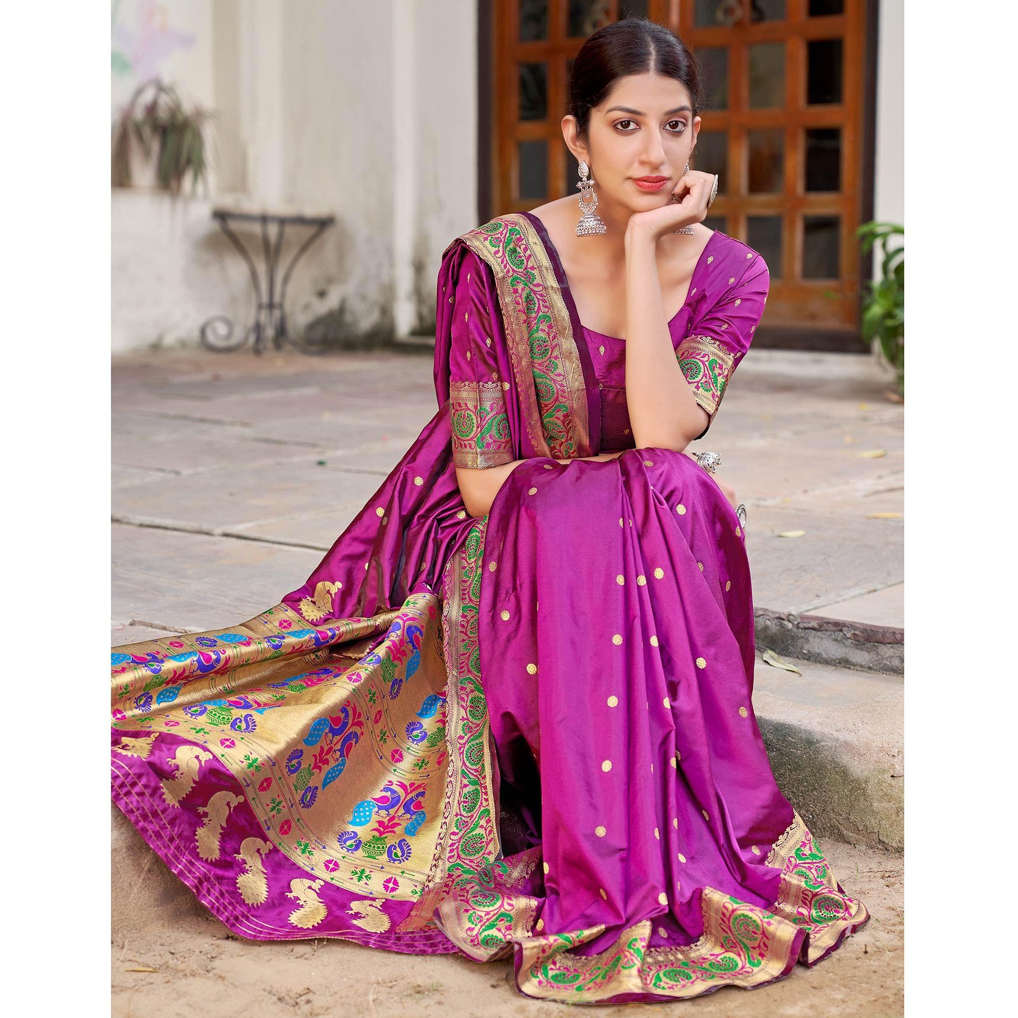 Purple Festive Wear Woven Banarasi Soft Silk Saree - Peachmode