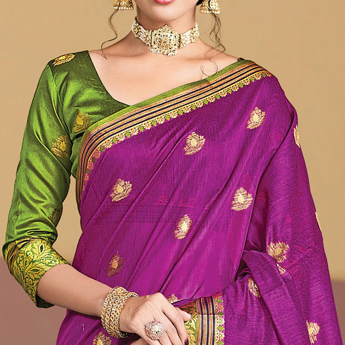 Purple Festive Wear Woven Cotton Saree - Peachmode