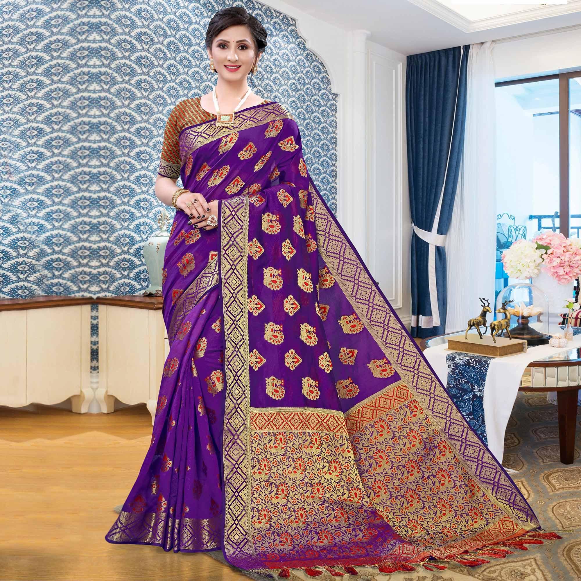 Purple Festive Wear Woven Cotton Saree With Tassels - Peachmode