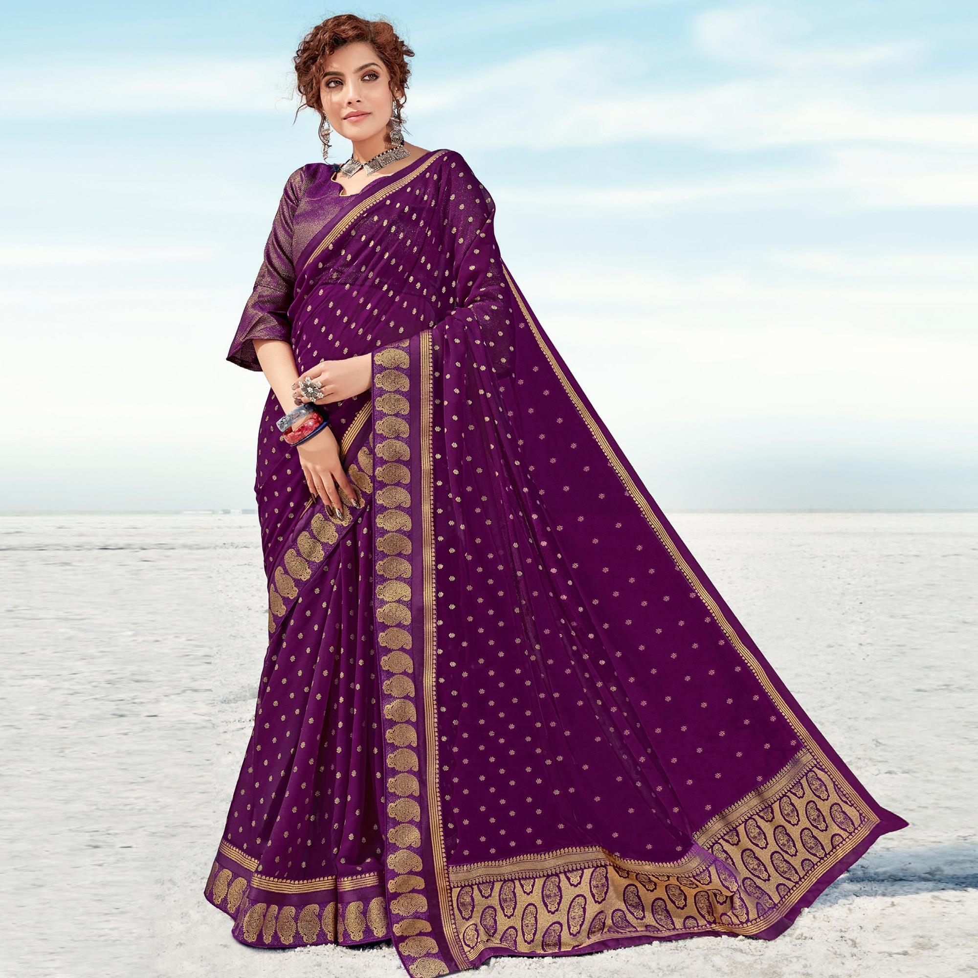 Purple Festive Wear Woven Georgette Saree - Peachmode
