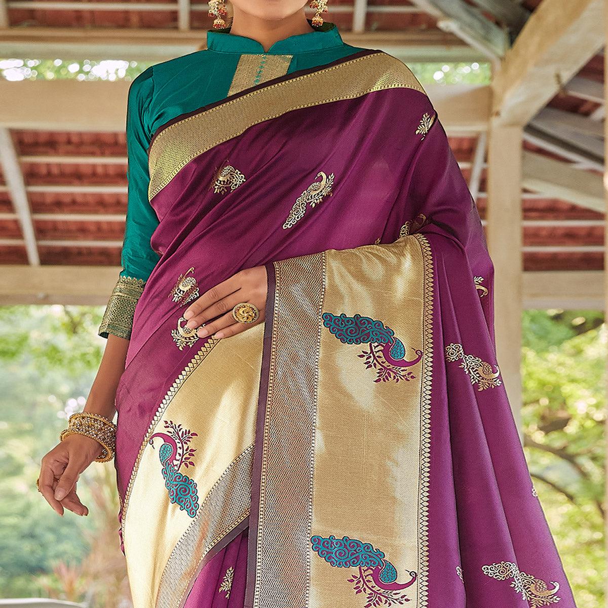 Purple Festive Wear Woven Handloom Silk Saree - Peachmode
