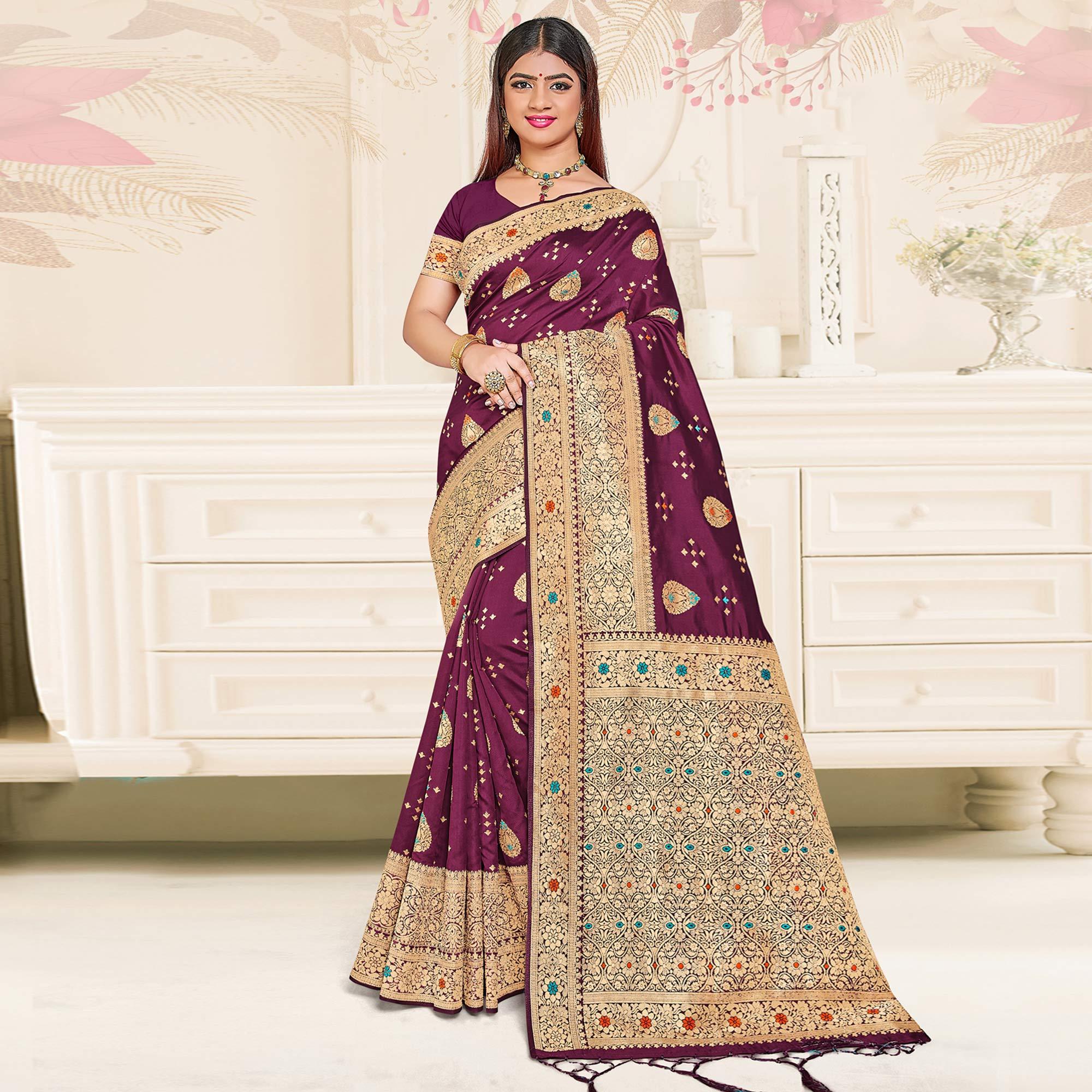 Purple Festive Wear Woven Jari Border Soft Silk Saree - Peachmode